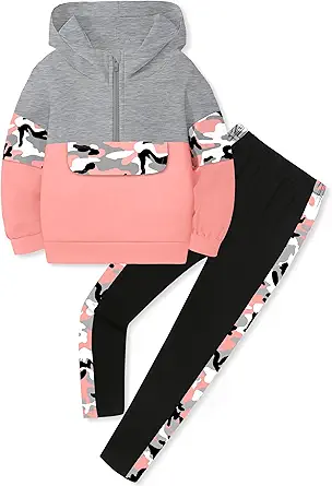 Toddler Girl Clothes Camo 2 Piece Little Girls Clothes Half Zip Up Hoodies Color Block Outfits Sweatshirt Pant Sets