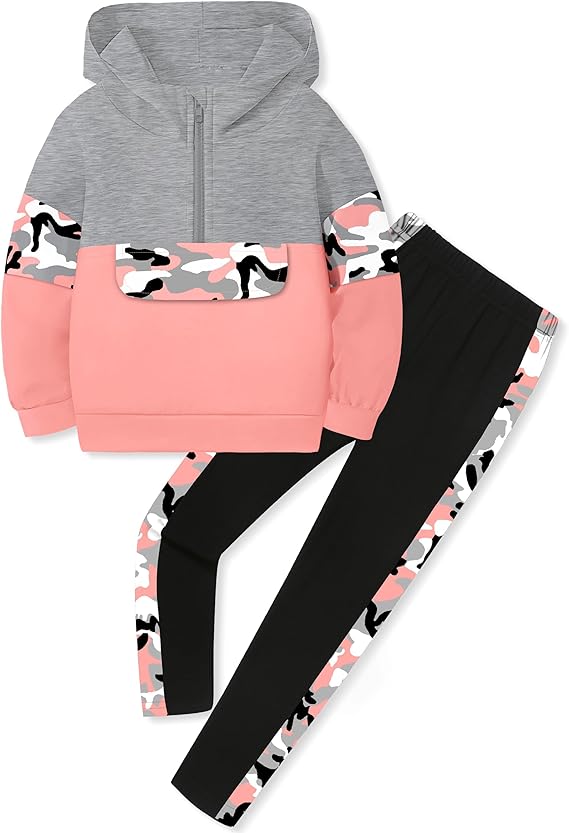Toddler Girl Clothes Camo 2 Piece Little Girls Clothes Half Zip Up Hoodies Color Block Outfits Sweatshirt Pant Sets
