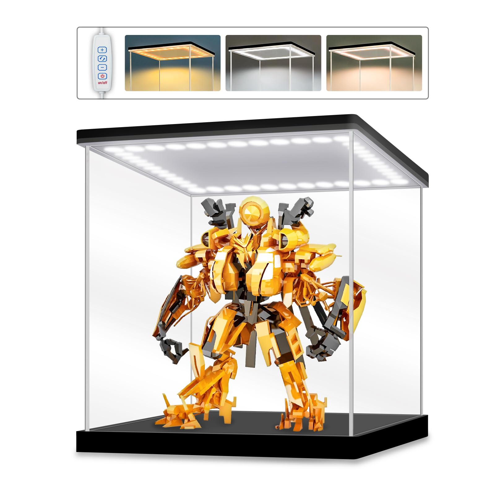 Acryl Vitrine mit LED Beleuchtung, Schaukasten für Figuren 30x30x30 cm | Vitrine für Staubdicht und UV-Schutz, Beleuchtet Acrylbox, Helligkeit einstellbar, Display Case mit 3 Leuchtungsmode