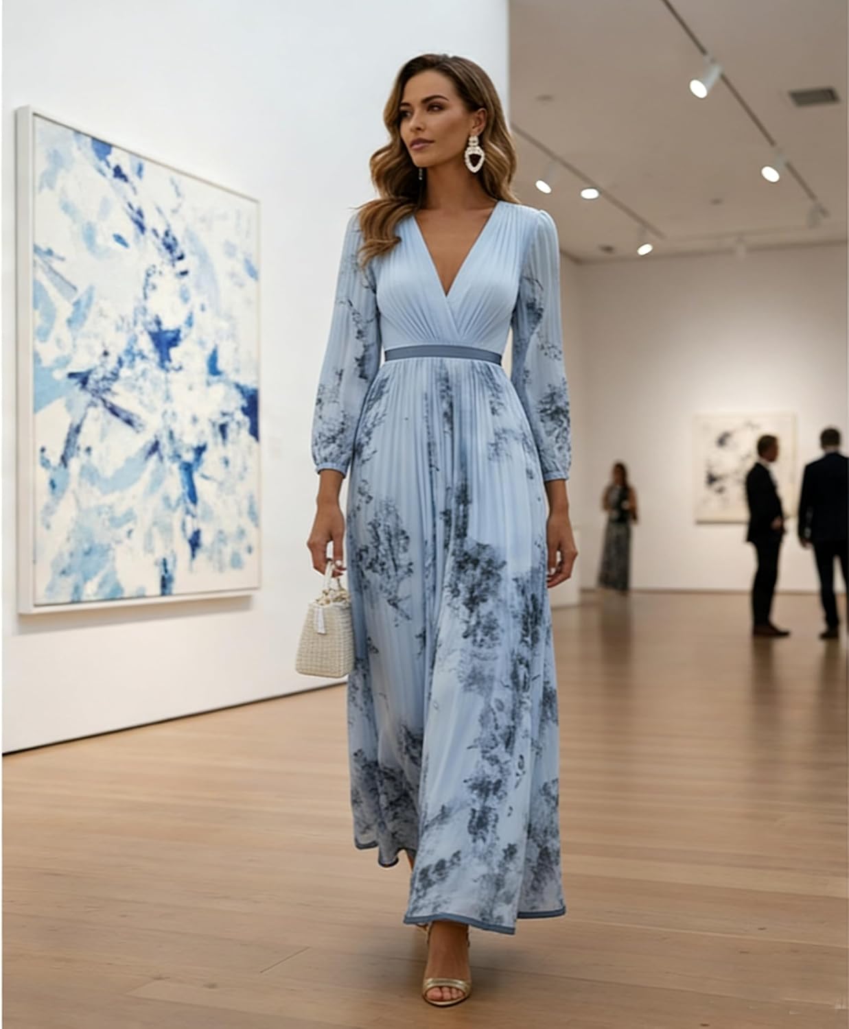 Women's Floral Print V Neck Pleated Maxi Dress, Long Sleeve Contrast Waist Belt Flowy Chiffon Dress for Wedding Guest