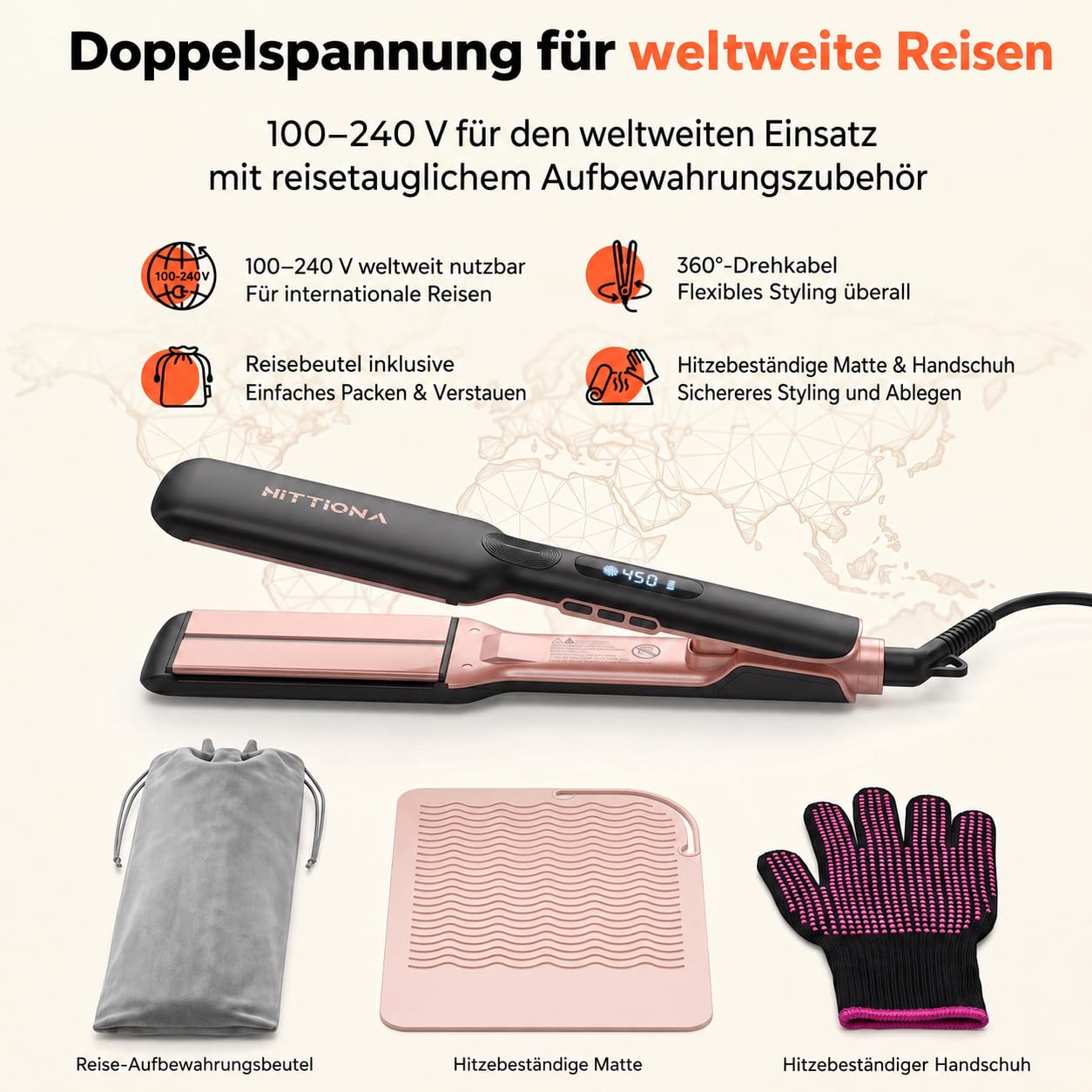 HITTIONA 1.75“ Professionelles Keramik Breit Glätteisen Ionen-Haarglätter - Schnelles Styling Reduziert Frizz & Statik mit Individuelle Regelung (150℃-230°C), Dual-Spannung für Langes Dickes