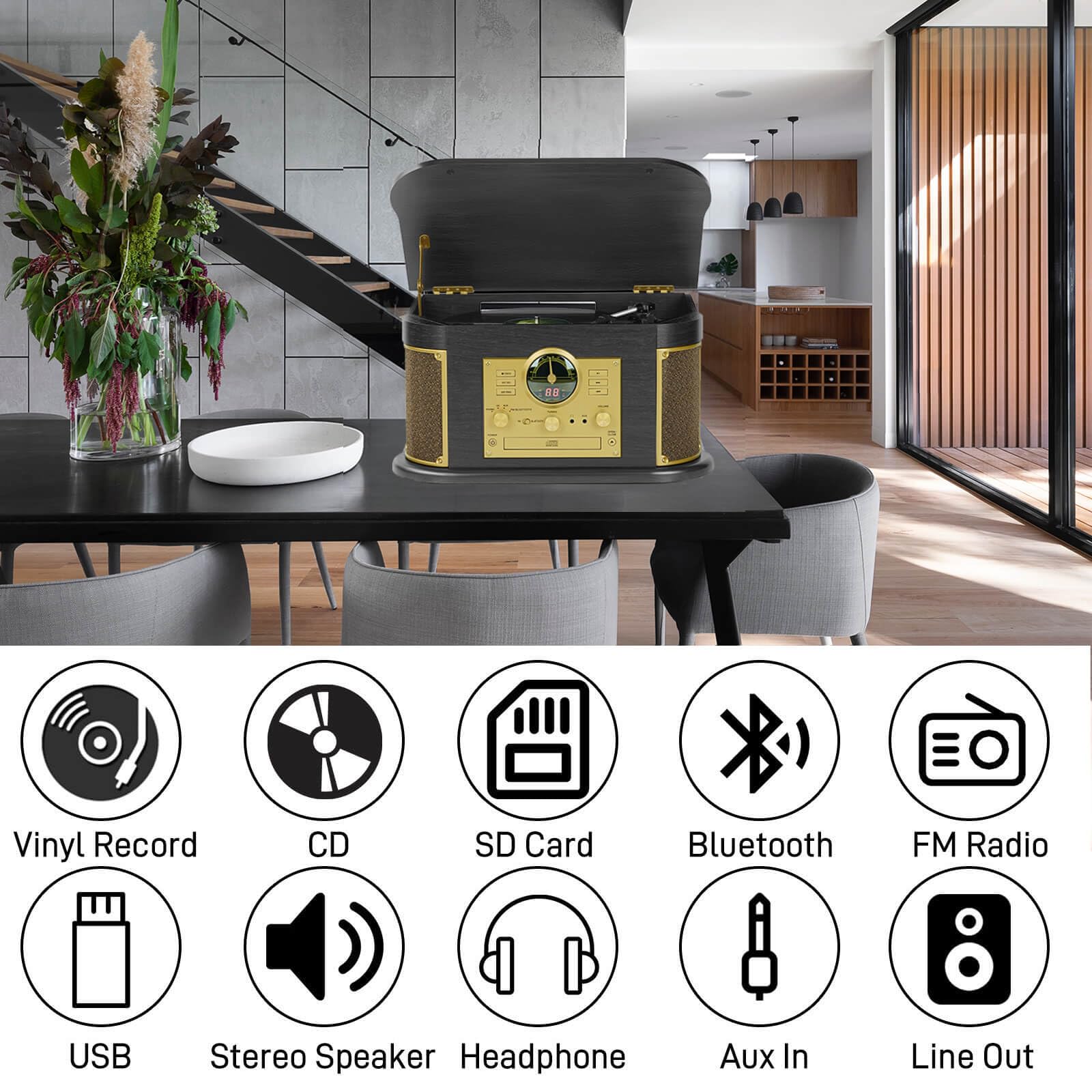 Plattenspieler mit Bluetooth und Lautsprechern, All-in-One Retro Schallplattenspieler mit CD, FM-Radio, USB/SD Aufnahme, AUX-In und RCA-Out, Vinyl Digitalisieren ohne PC