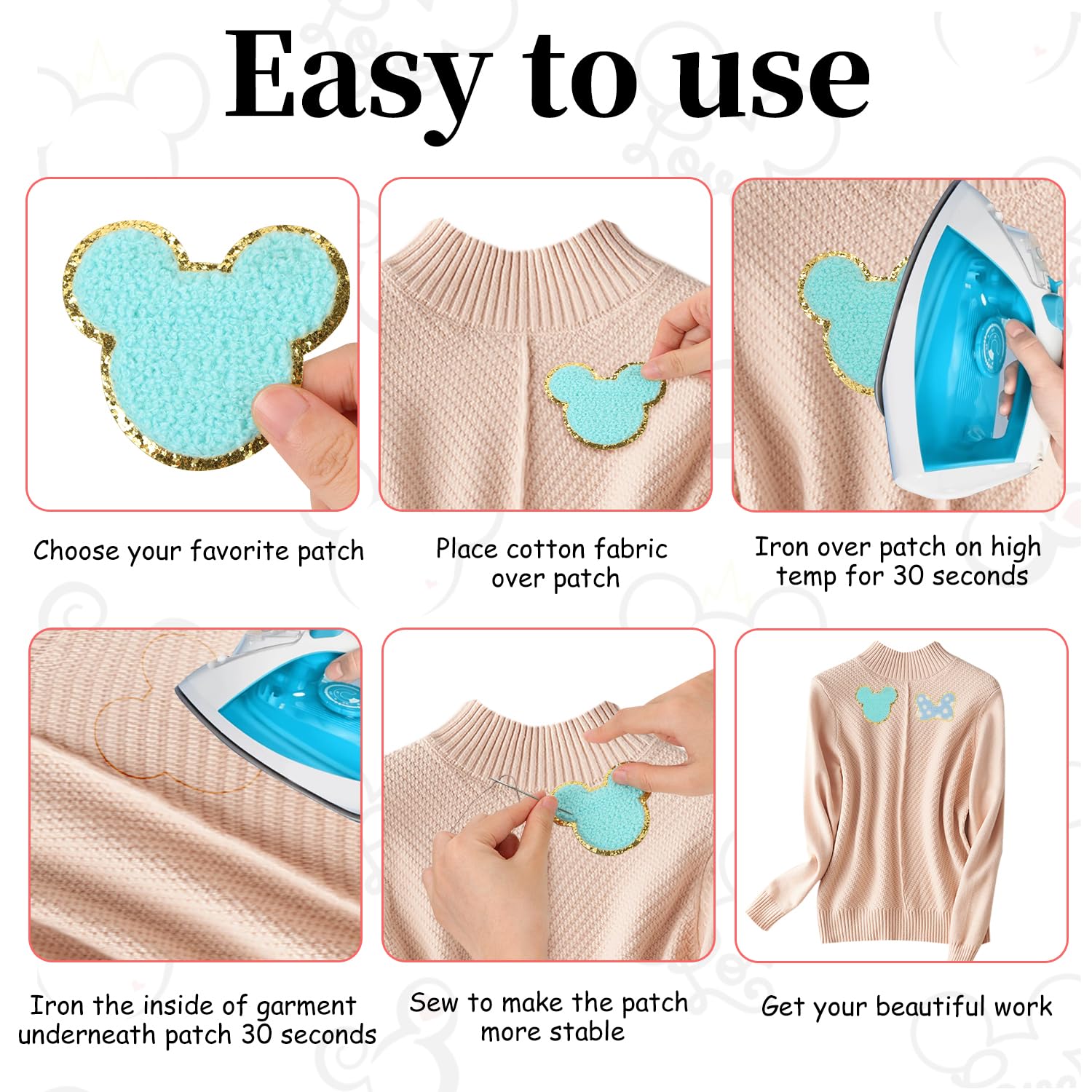 20 Stück Chenille-Flicken zum Aufbügeln, DREMISI niedliche Mausschleifen, Burg, bestickte Flicken für Kinder, bestickte Flicken zum Aufnähen, bestickte Applikation für Kleidung DIY