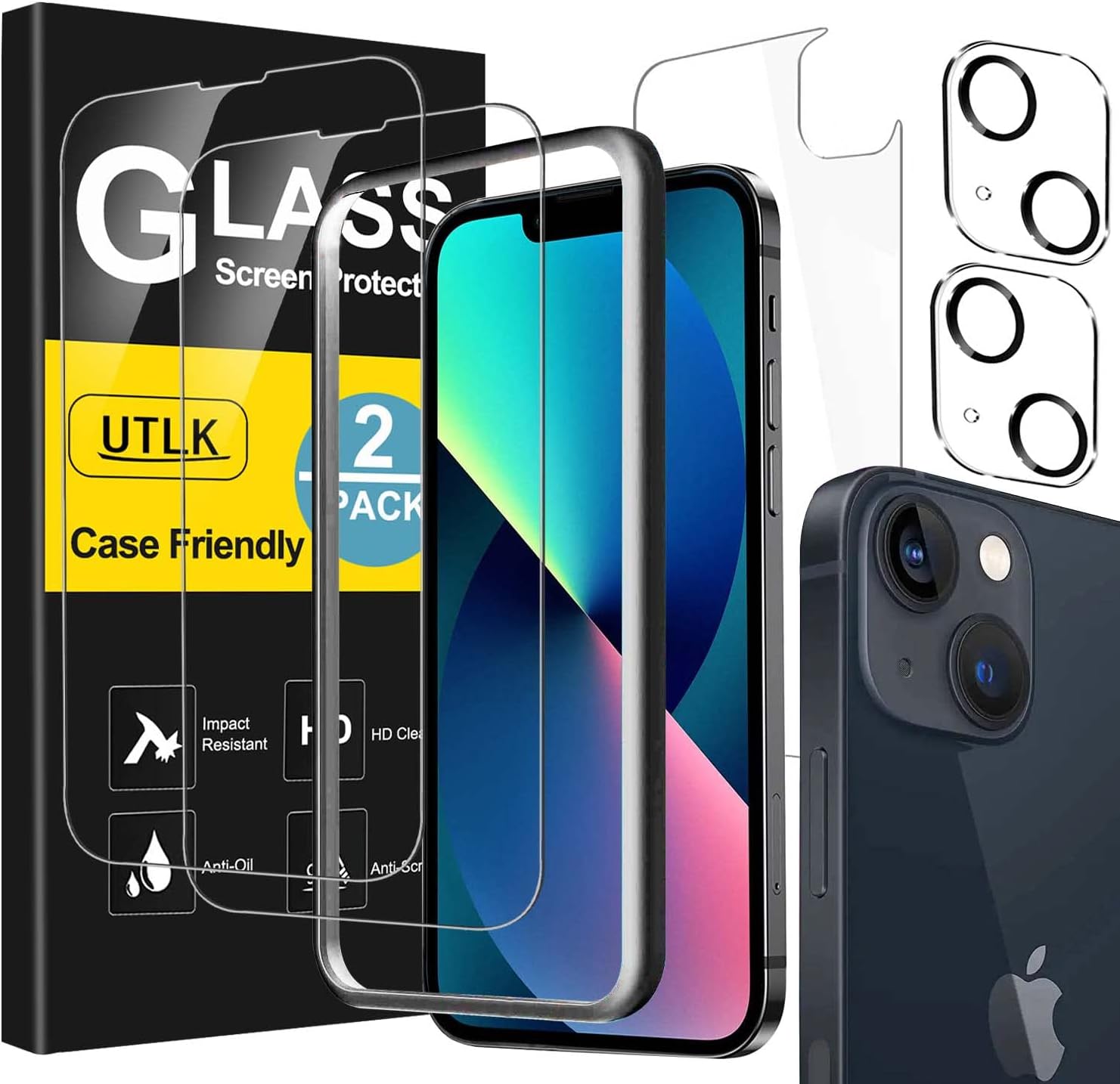 [ 2+2 +2 ] 2 Front + 2 Back for iPhone 13 Glass Screen Protector HD Clear +2 Glass Camera Lens Protector for iPhone 13 (6.1") with Installation Frame,Case friendly