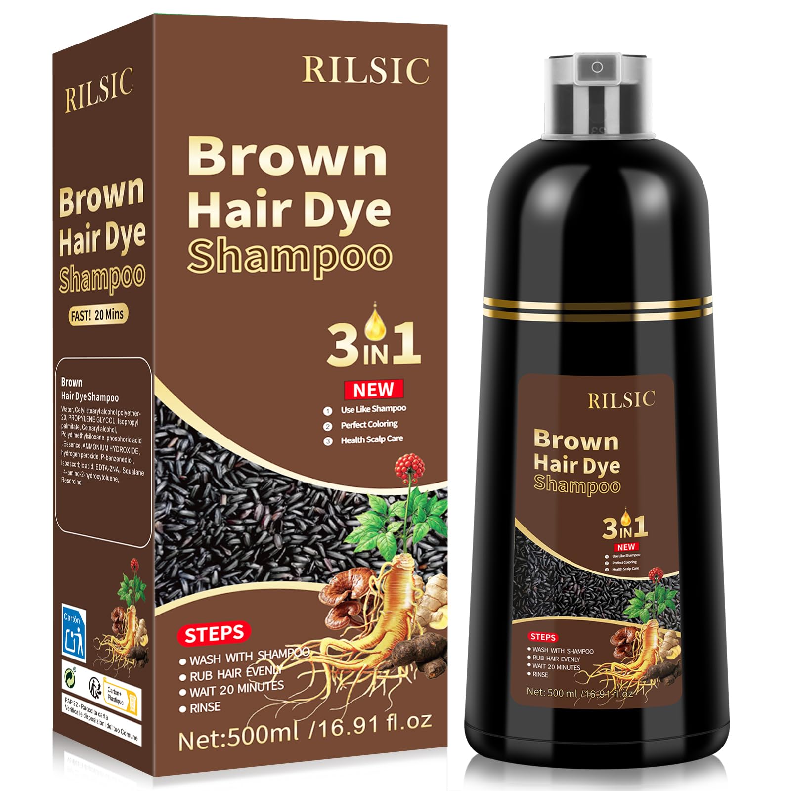 500 ml farba do włosów, naturalny brąz, szampon do farbowania włosów, szampon 3 w 1, przeciw siwym koloryzacji włosów, natychmiastowy szampon do farbowania włosów, dla mężczyzn i kobiet