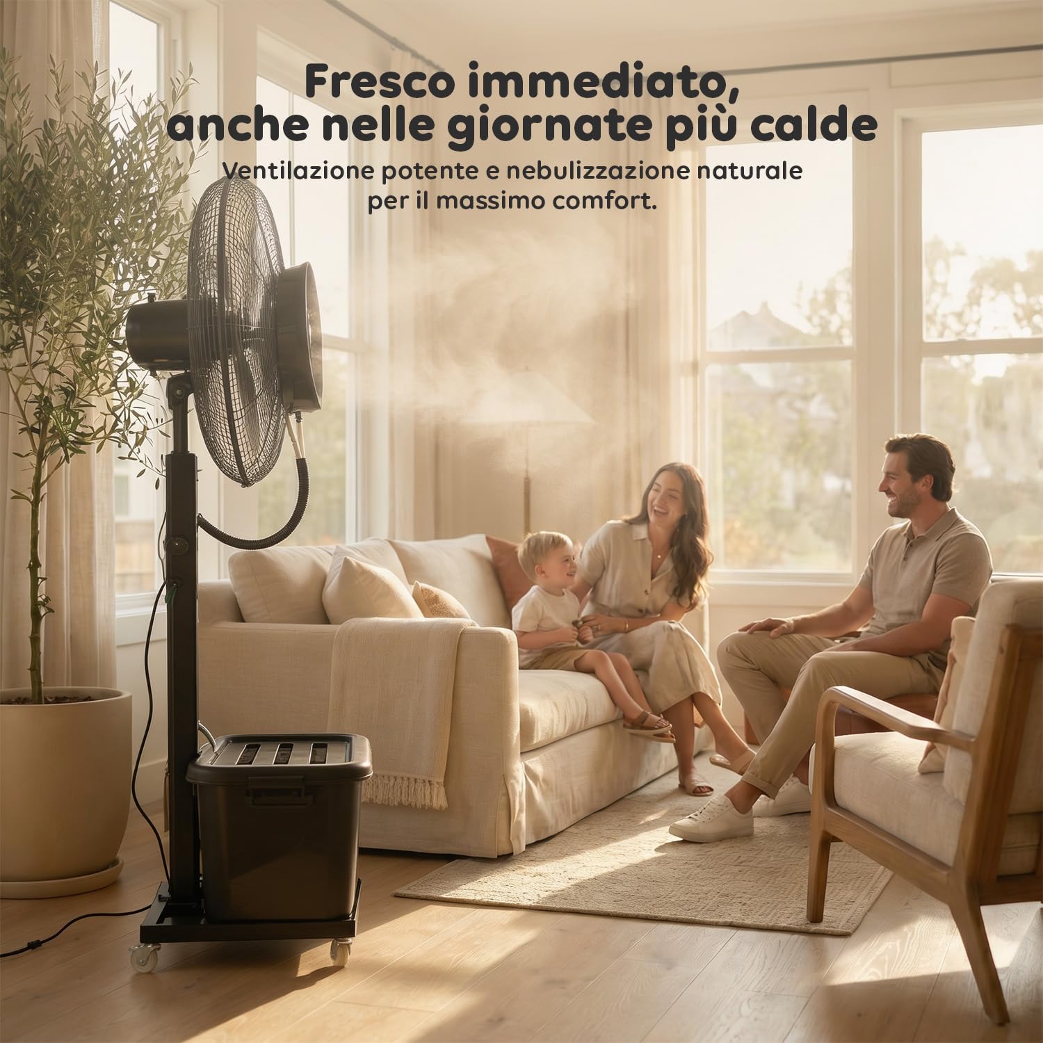 Wintem - BERGEN Ventilatore Nebulizzatore Industriale 230W – Raffrescatore ad Acqua con Serbatoio 45L – Diametro 65cm e Altezza 175cm – Getto 8mt – 3 Velocità, Oscillante e Portatile con Ruote 360°