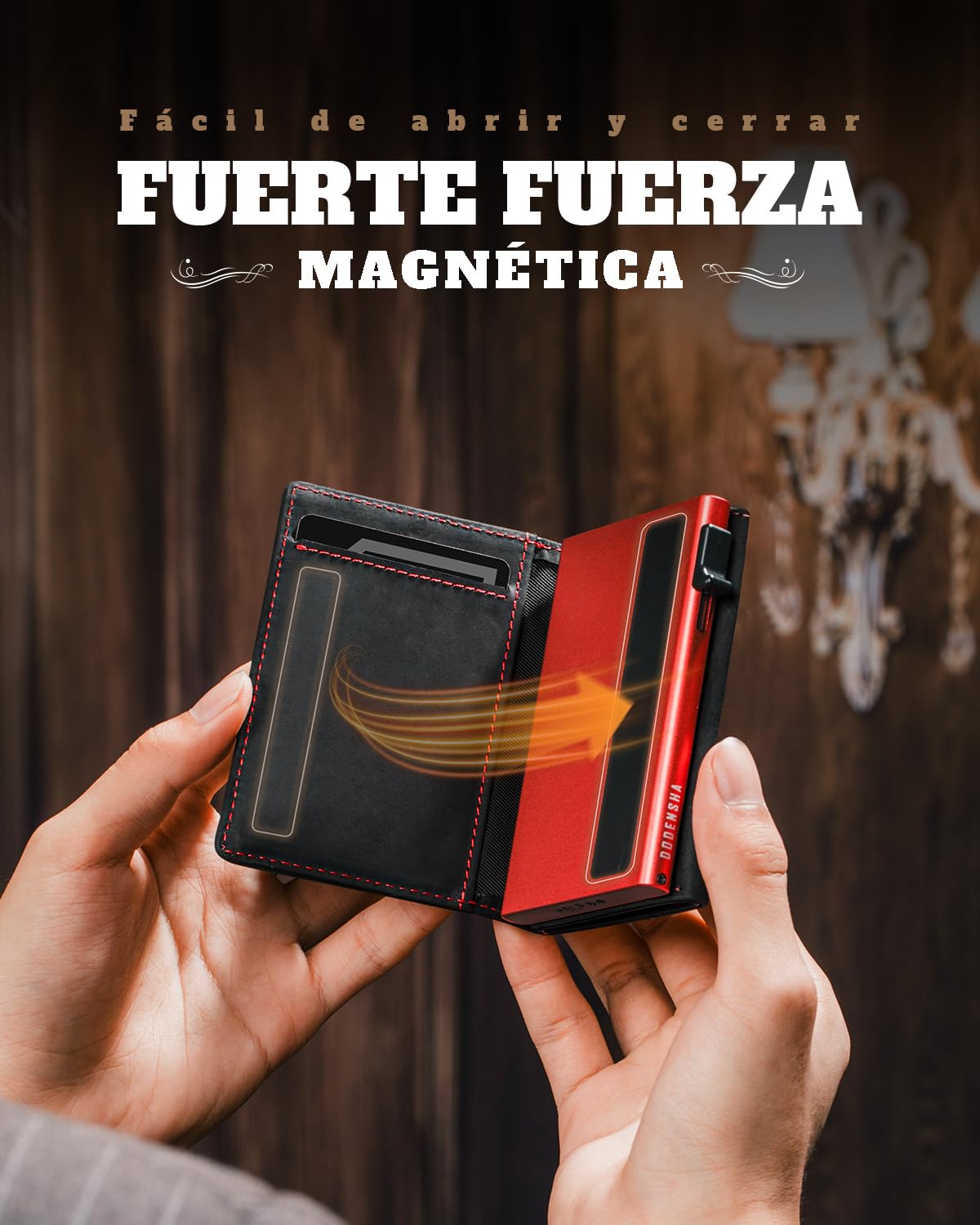 DODENSHA Cartera de Hombre Portátil de Cuero Genuino Marrón con Protección RFID, 10+ Tarjetas de Crédito, Portamonederos, Cierre Magnético, negro / rojo, 10cm x 6.5cm x 2cm, Minimalista