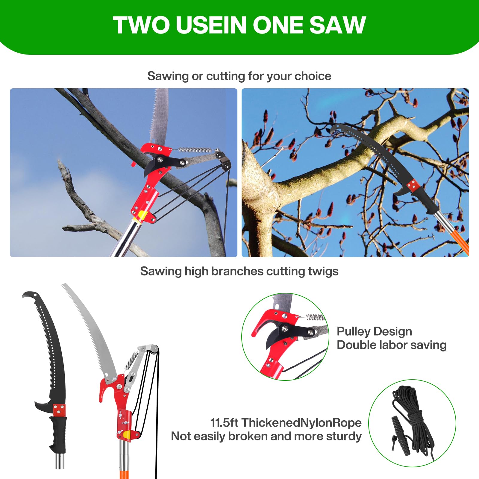 Coupe Branche Télescopique 8m: Scie Telescopique Elaguer 2 en 1,7 Manche Télescopique | 2 Lames de Scie | Sac de Transport, Scie d'élagage Pour Élagage Palmiers Arbustes (Orange)