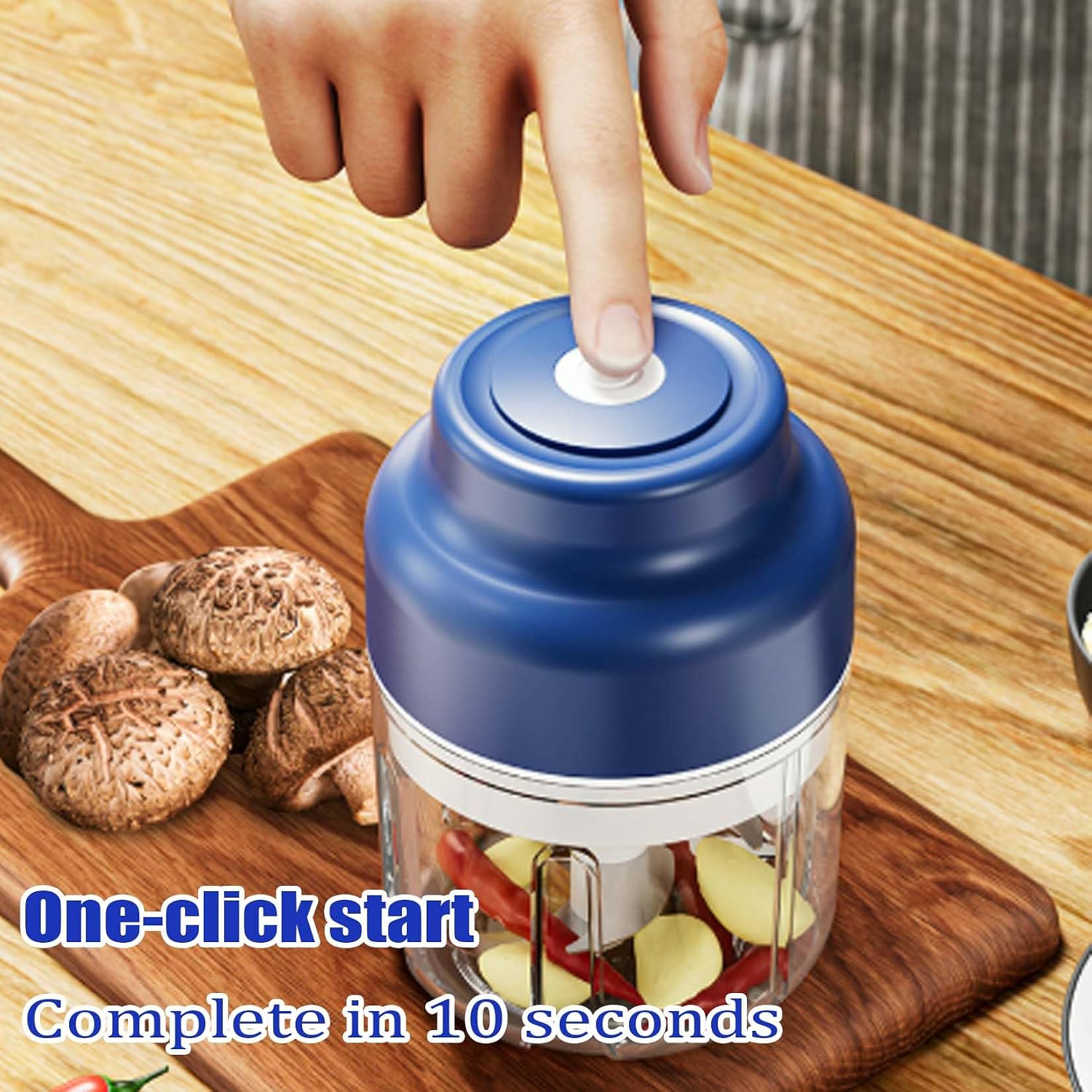 Electric Garlic Chopper, Mini Food Processor, Mini Portable Veggie Chopper with 4/6 Stainless Steel Blades, Rechargeable Small Food Processor for Garlic, Onion, Chili, Ginger, Nuts (Blue, 250ML)