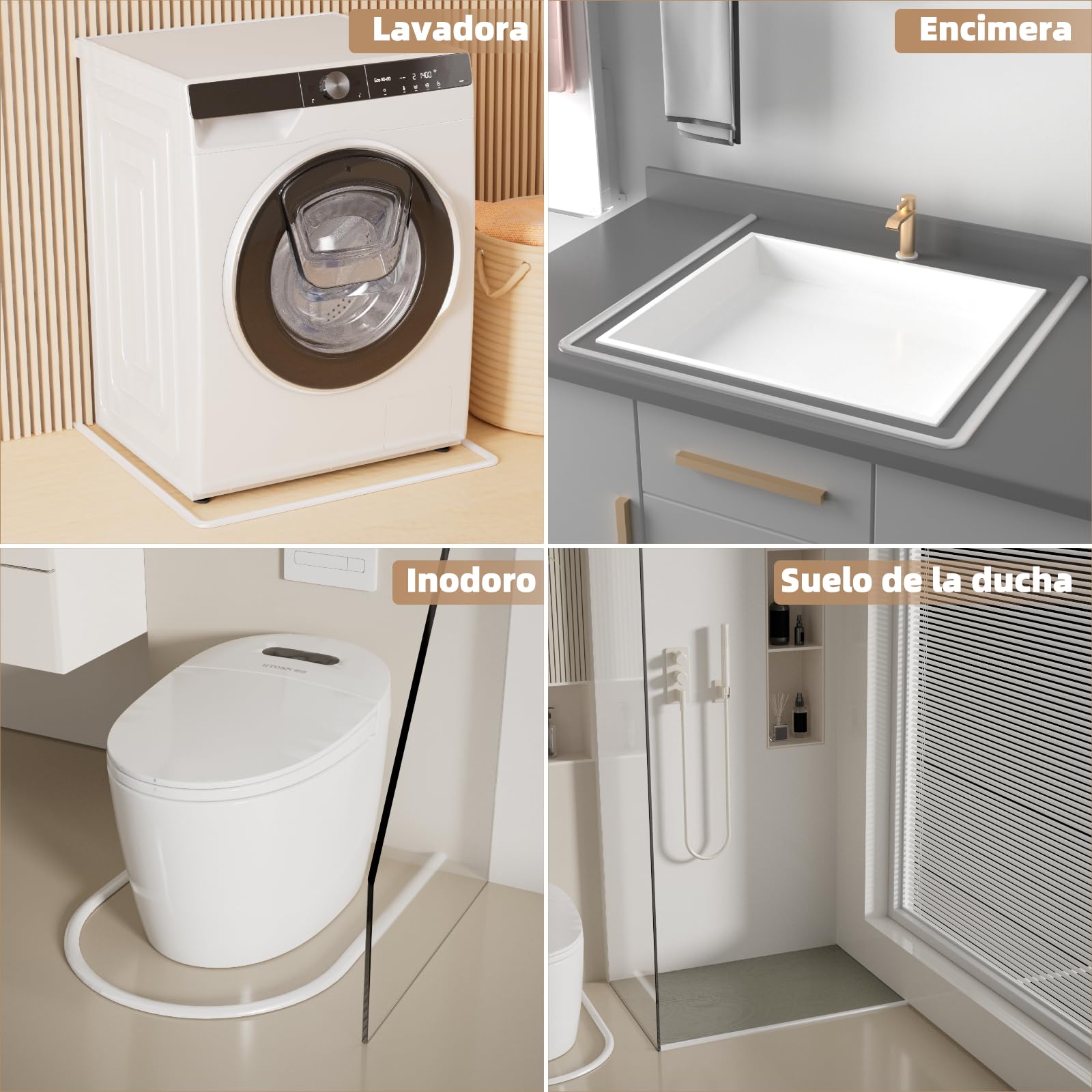 Esufeir 39"/1m Plegable Perfil Silicona Borde Plato Ducha,Autoadhesiva Barrera Ducha Suelo Que No Salga Agua Copete Encimera Cocina,Goma Burlete Junta Vierteaguas Mampara Baño,Umbral Ducha Tira,Blanco