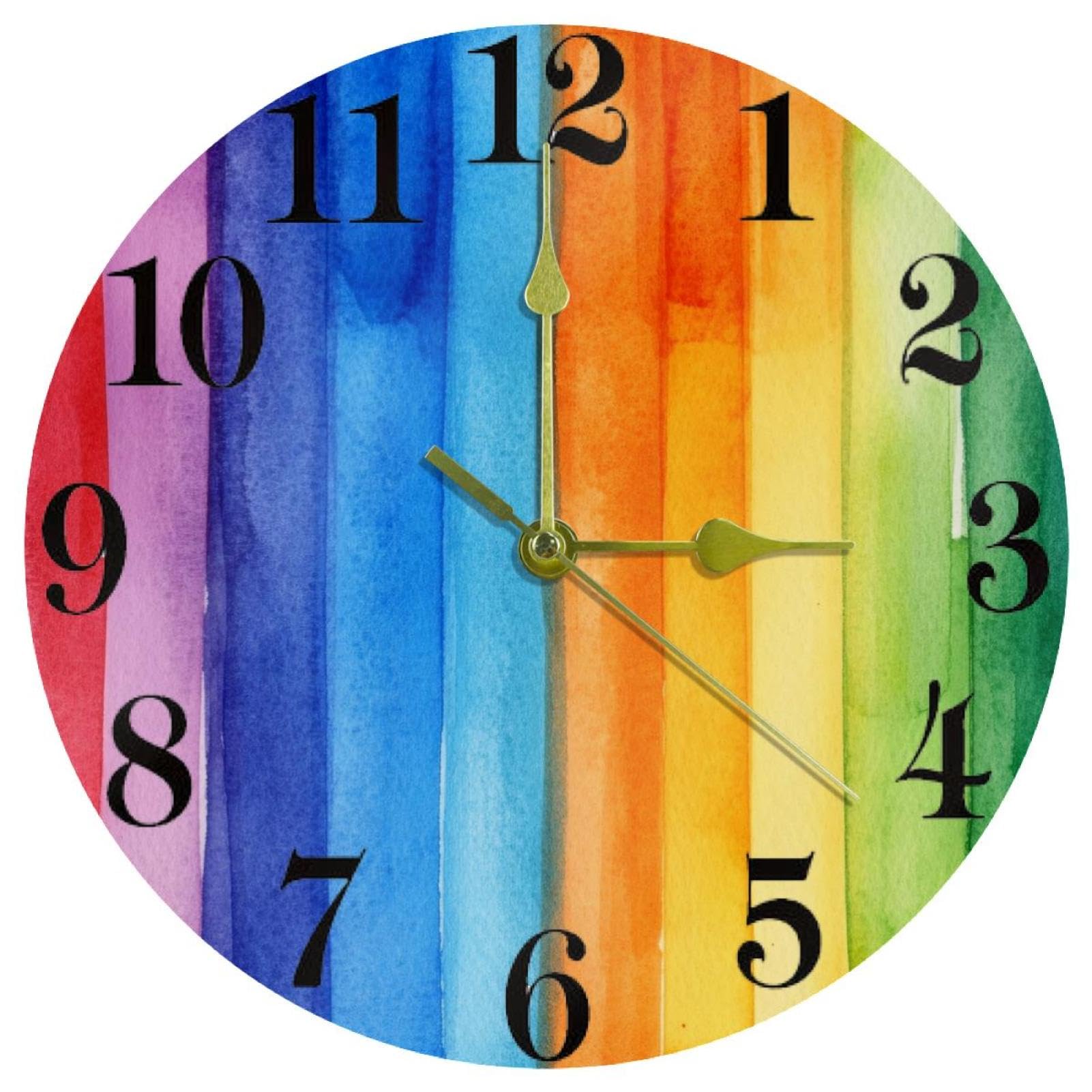 Horloge murale arc-en-ciel aquarelle ronde silencieuse à quartz sans tic-tac à piles