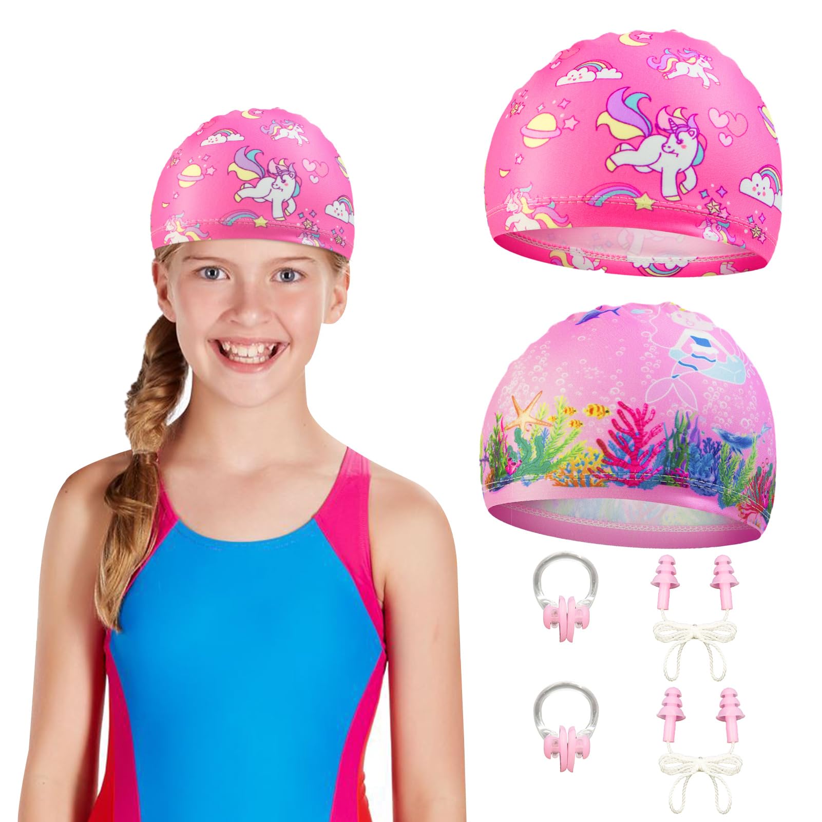 Gorro de Natación de Niños 2 Piezas, Gorro Piscina Niña, Gorro de Natación de Poliéster, Gorro de Natación Elástico, Niños para Cabello Largo y Corto