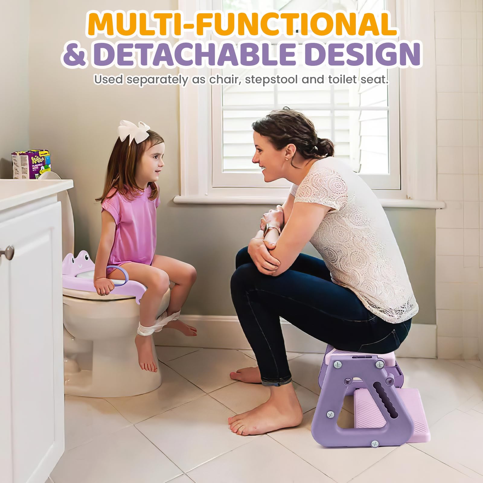 Orzbow Toilettensitz Kinder, Stabil Kinder Toilettensitz mit Treppe und Dreiecksstruktur, Verlängerter Pedal- und Spritzschutz und PVC-Polster, Rutschfest und Faltbar, Frosch, Violett-Rosa