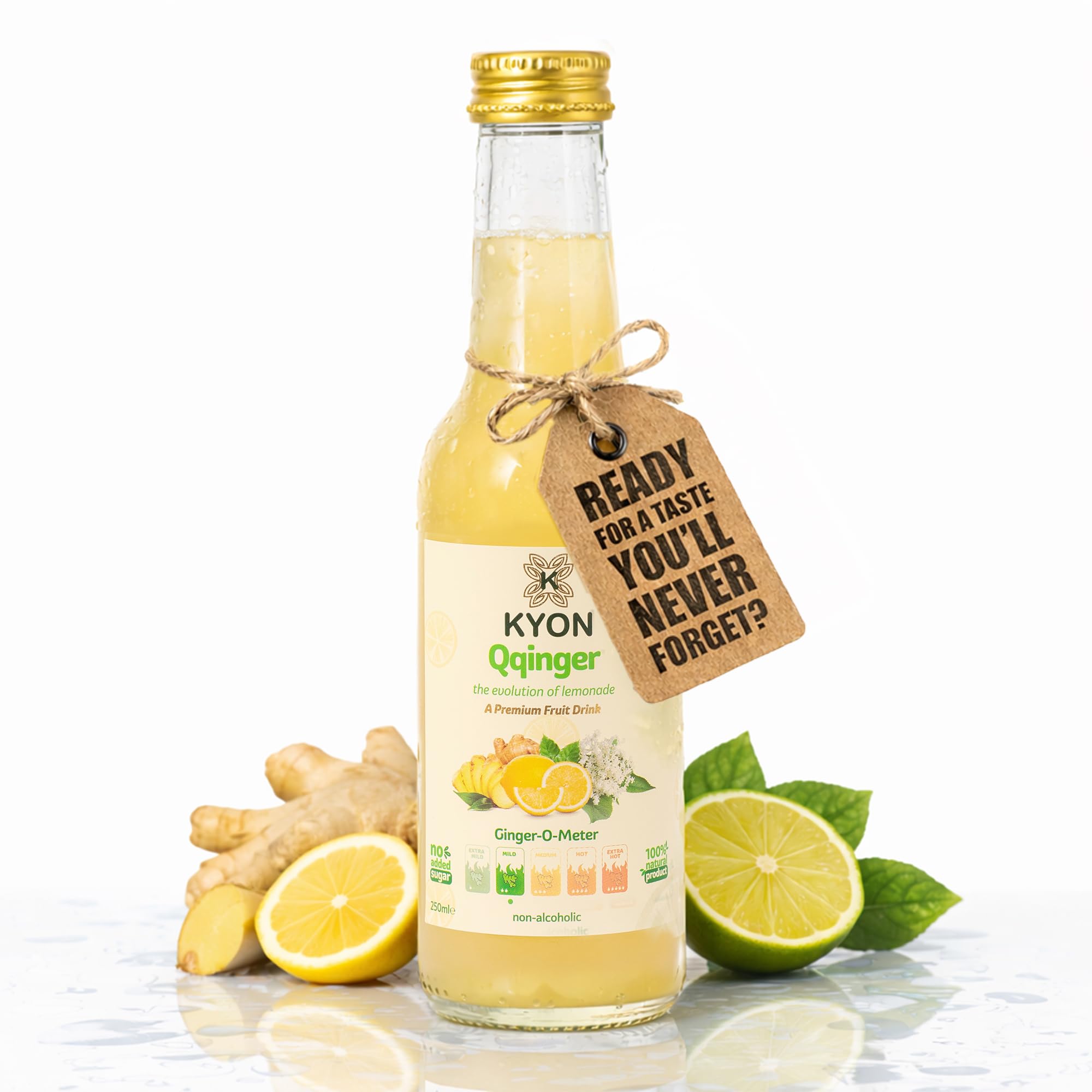 Bebida Kyon Qqinger – 250 ml de zumo de jengibre con limón, lima y flor de saúco. Refrescante y sin alcohol. Disponible en paquetes de 24. (250ml_24pk, Qqinger)