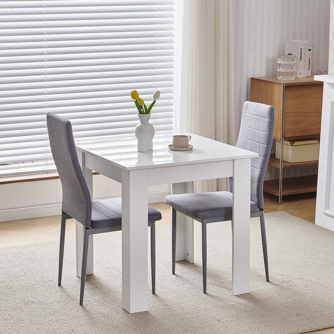 NICEME Compact Dining Table and 2 Chairs, Small Dining Room Set for 2 Seater Kitchen Table with Chairs for Small Space Saving, Glossing Tabletop 75x75 cm (White, Linen Gray #1) โ image 1