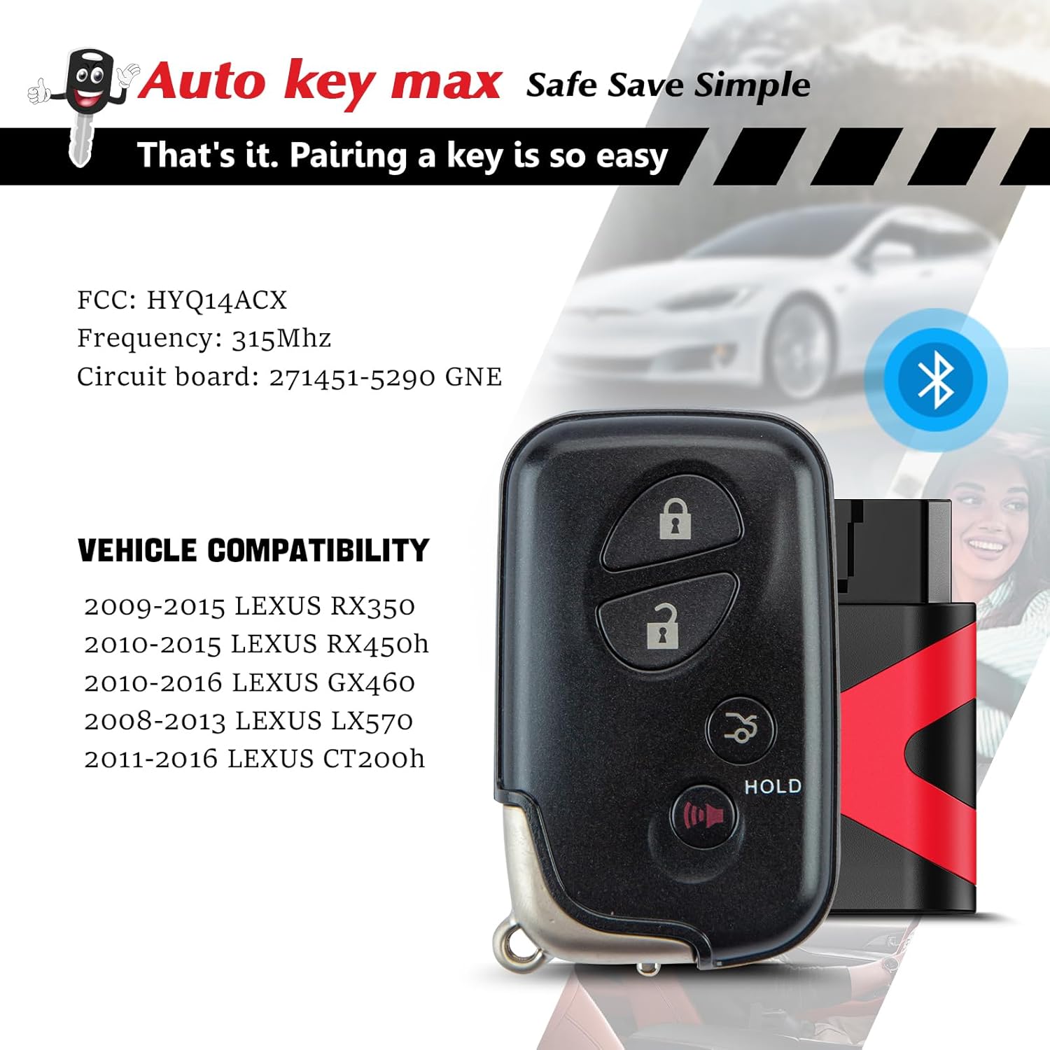 Remote Key Fob Replacement, Programmable Keyfob, Replacement Car Keys and Fob for 2010-2015 Lexus RX350 RX450H GX460 CT200H Smart Remote HYQ14ACX 271451-5290