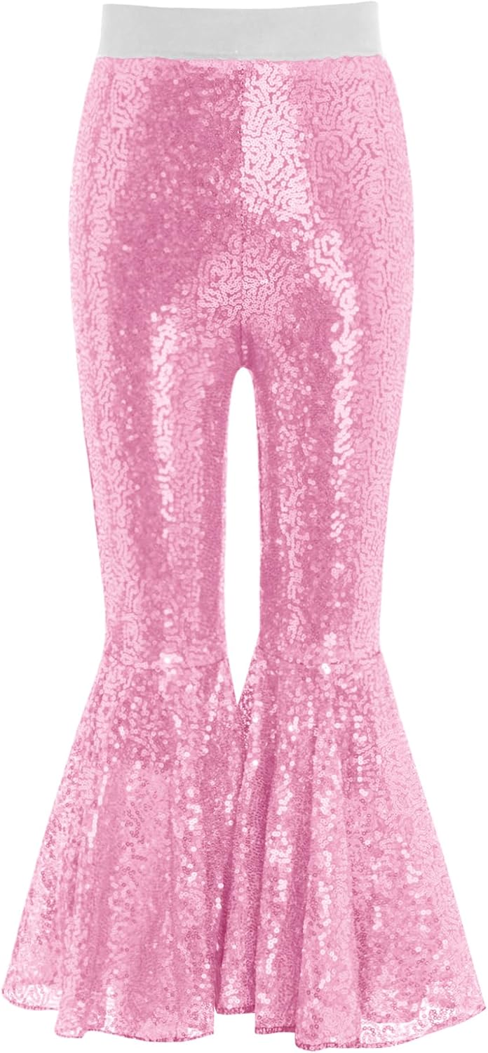 Kids Girls Sequin Hippie Pants Glitter Shiny High Waist Flare Pants Sparkly Dance Bell Bottom Trousers