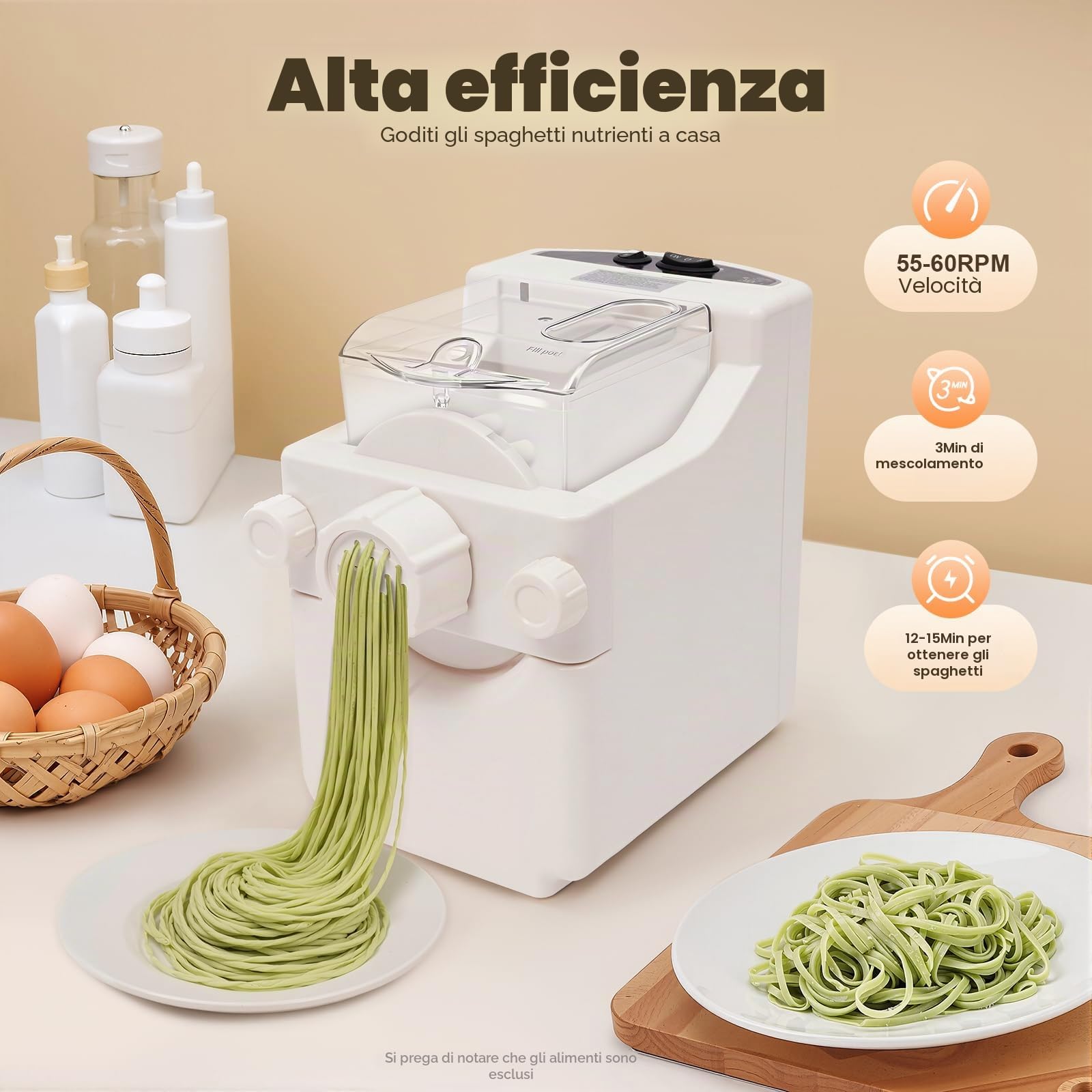 Macchina per la pasta, Pasta Maker Automatico con motore in rame, pasta fatta in casa in 12 minuti, 9 forme in acciaio inox, modalità retromarcia, pasta per verdure, clip di sicurezza, capacità 500g