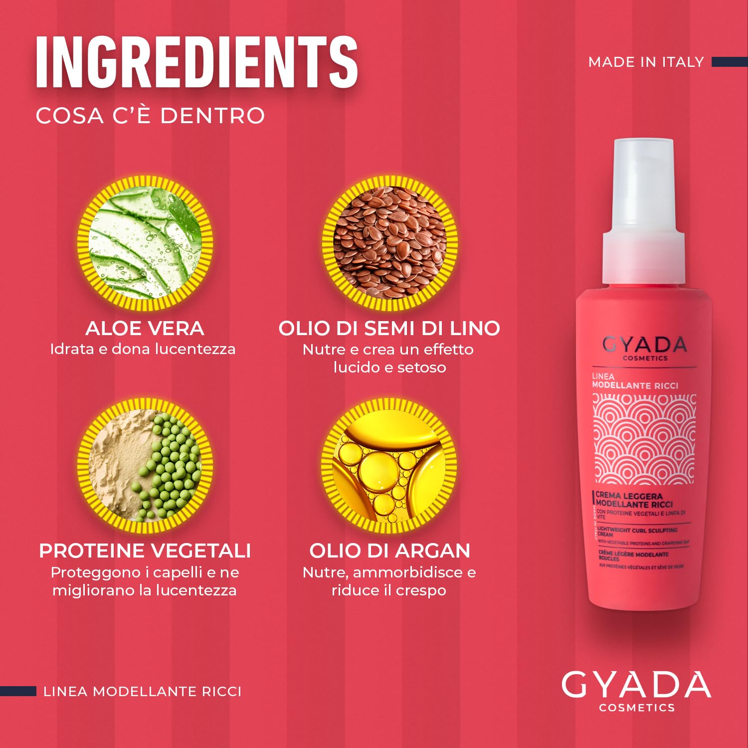 Gyada Cosmetics, Crema Leggera Leave-in Modellante, per Capelli Ricci e Mossi, 97% Ingredienti Naturali, Azione Lucidante e Filmante, Senza Risciacquo, con Proteine Vegetali e Linfa di Vite, 125 ml