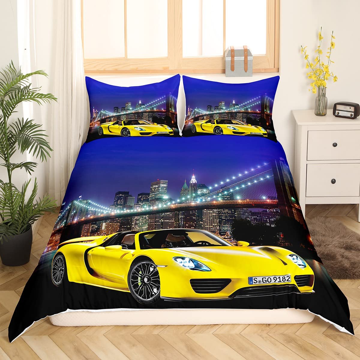 Rennwagen Rennauto 3D Print Betten Set Racing Car Bettwäsche Set Microfaser Himmlische Qualität Luxus Modern Bettbezug mit 1 Kissenbezug 2 teilig 135x200 cm + 80x80 cm Jungen Kinder
