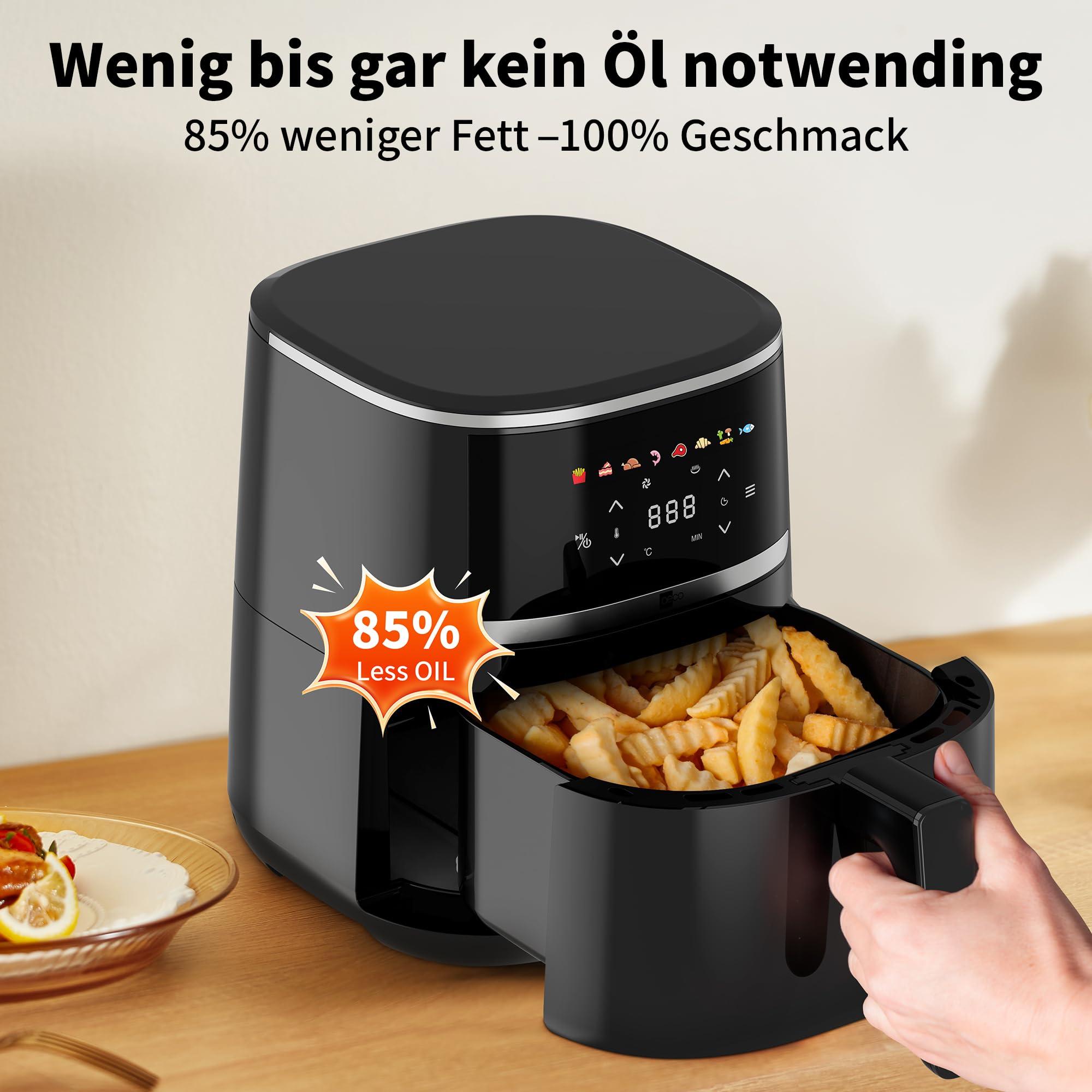 aeco COMPACT AirFryer frytkownica na gorące powietrze z cyfrowym wyświetlaczem dotykowym, 1500 W, regulacja 80°-200°, 8 programów, w zestawie zeszyt z przepisami