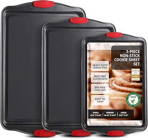 Miniatura 10 de Juego de bandejas para hornear, juego de 2 piezas de bandejas grandes para galletas con asas de silicona, bandeja de acero para hornear, bandejas