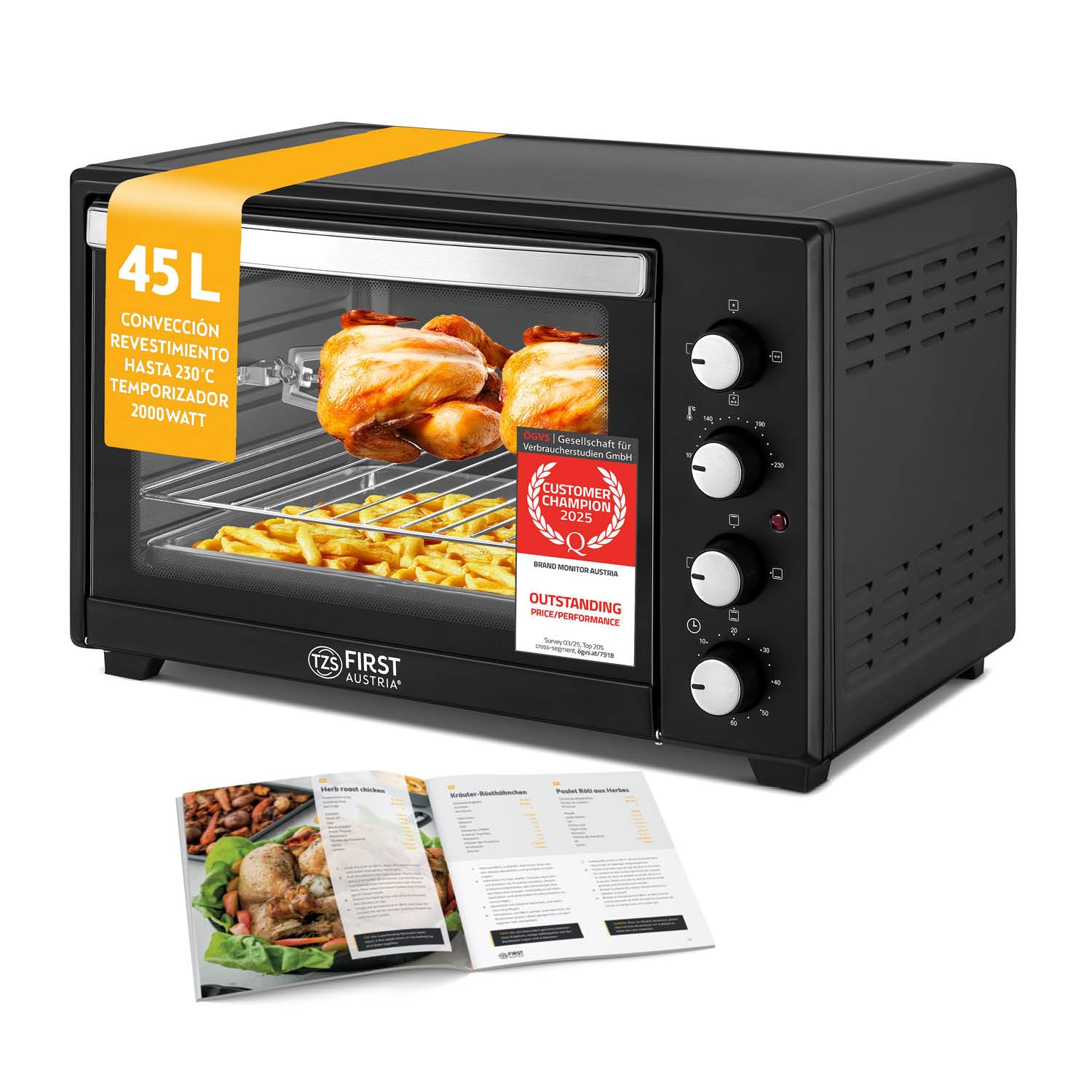 TZS First Austria - Mini Oven 45L 2000W - Mini pizza oven up to 230°C and non-stick coating - With 60 min timer, 4 insertion heights, tray, rack and rotary rotisserie