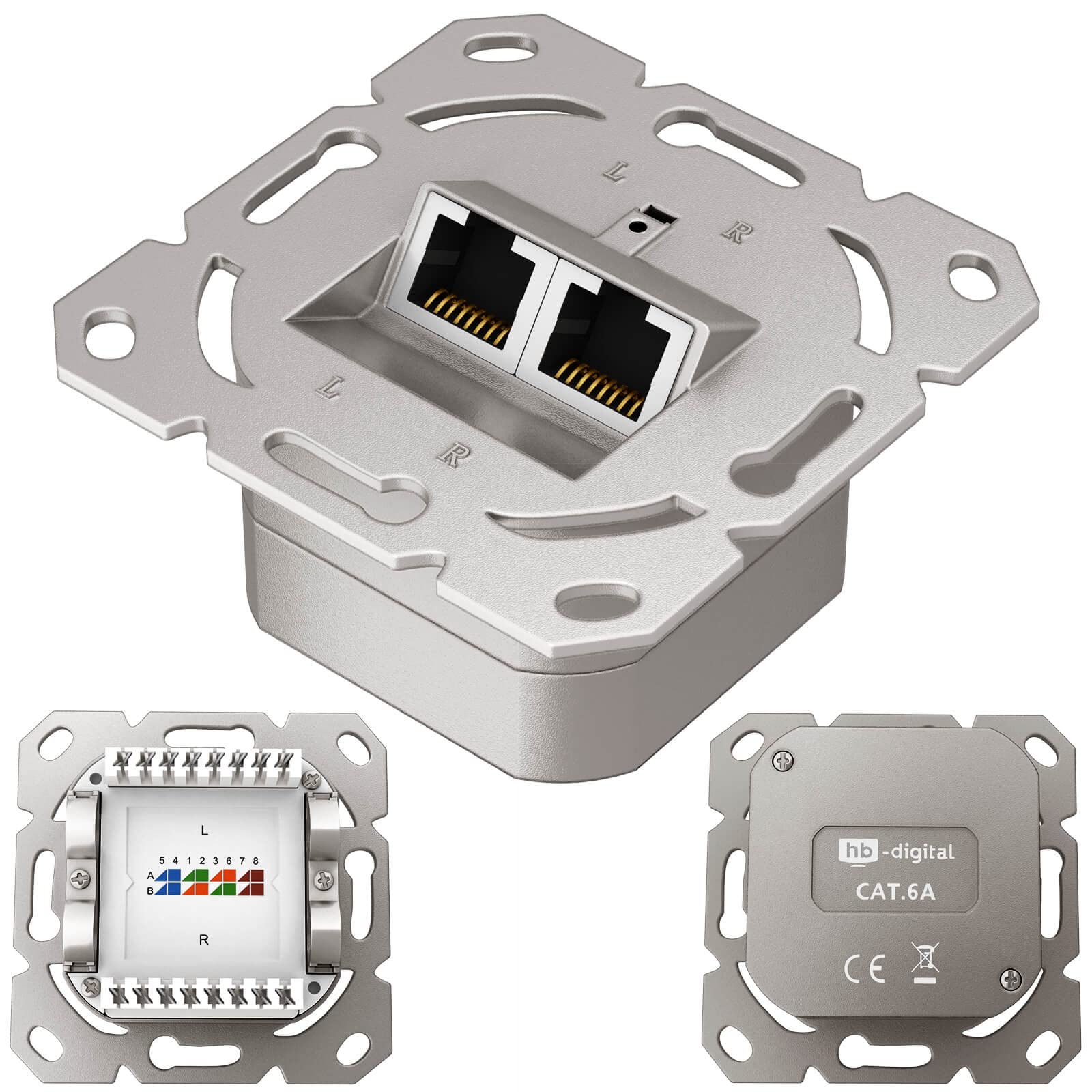HB-DIGITAL 5 x CAT 6a gniazdo sieciowe RJ45 2-portowe STP ekranowane, kompatybilne ze sztywnymi kablami LAN PoE T568A/B standard stop cynku 10 Gigabit 50 mm x 50 mm - Bez obudowy