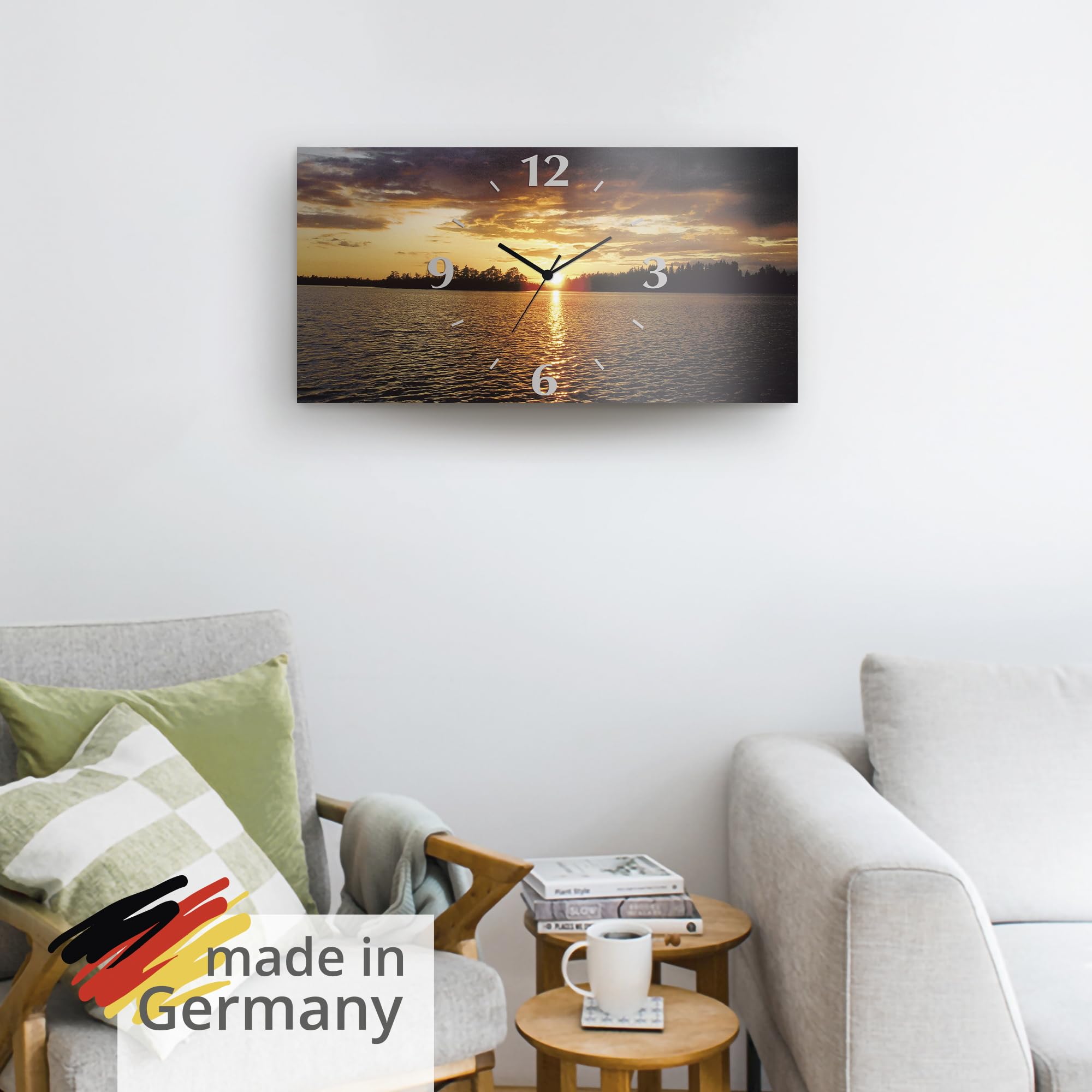 ARTLAND Wanddeko Wanduhr ohne Tickgeräusche Alu Funkuhr 50x25 cm Rechteckig Lautlos Landschaft Sonnenuntergang See Sonne Natur Design T4WP