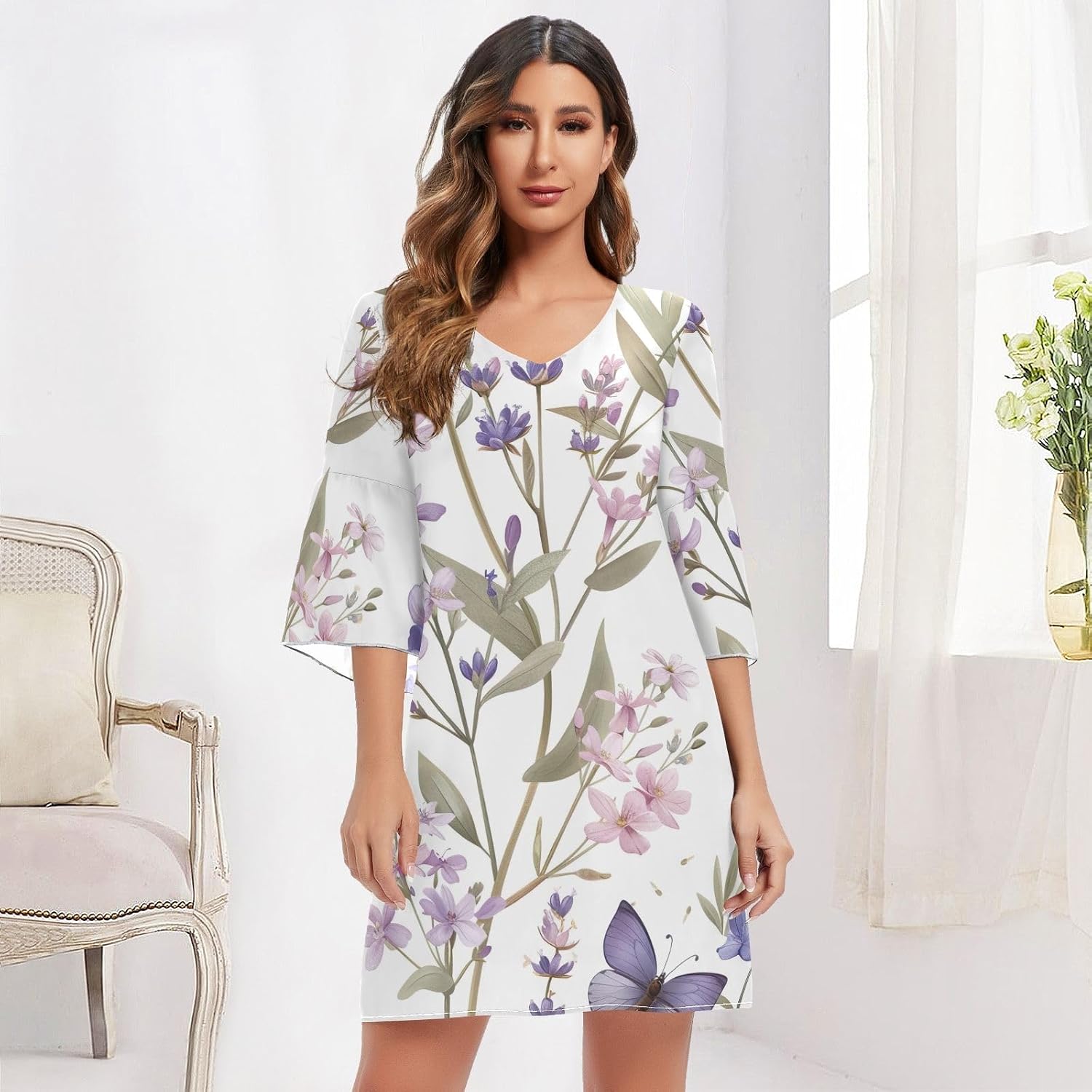 Lavender Wildflowers White Short Summer Dress Printed Summer Dresses Party S-XXL