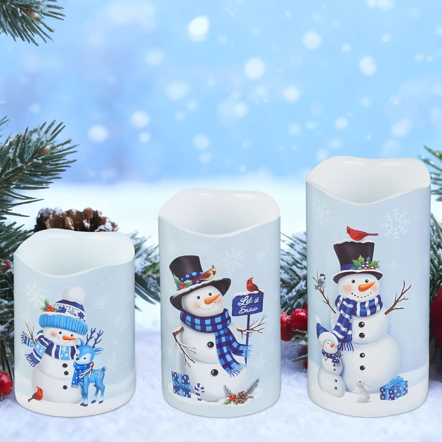 Blue Christmas Snowman Flickering Flameless Candles Set of 3, Battery Operated Candles, Real Wax Electric Pillar LED Candles for Christmas Decoration, Ideal Christmas Gift, D3 x H4 5" 6"