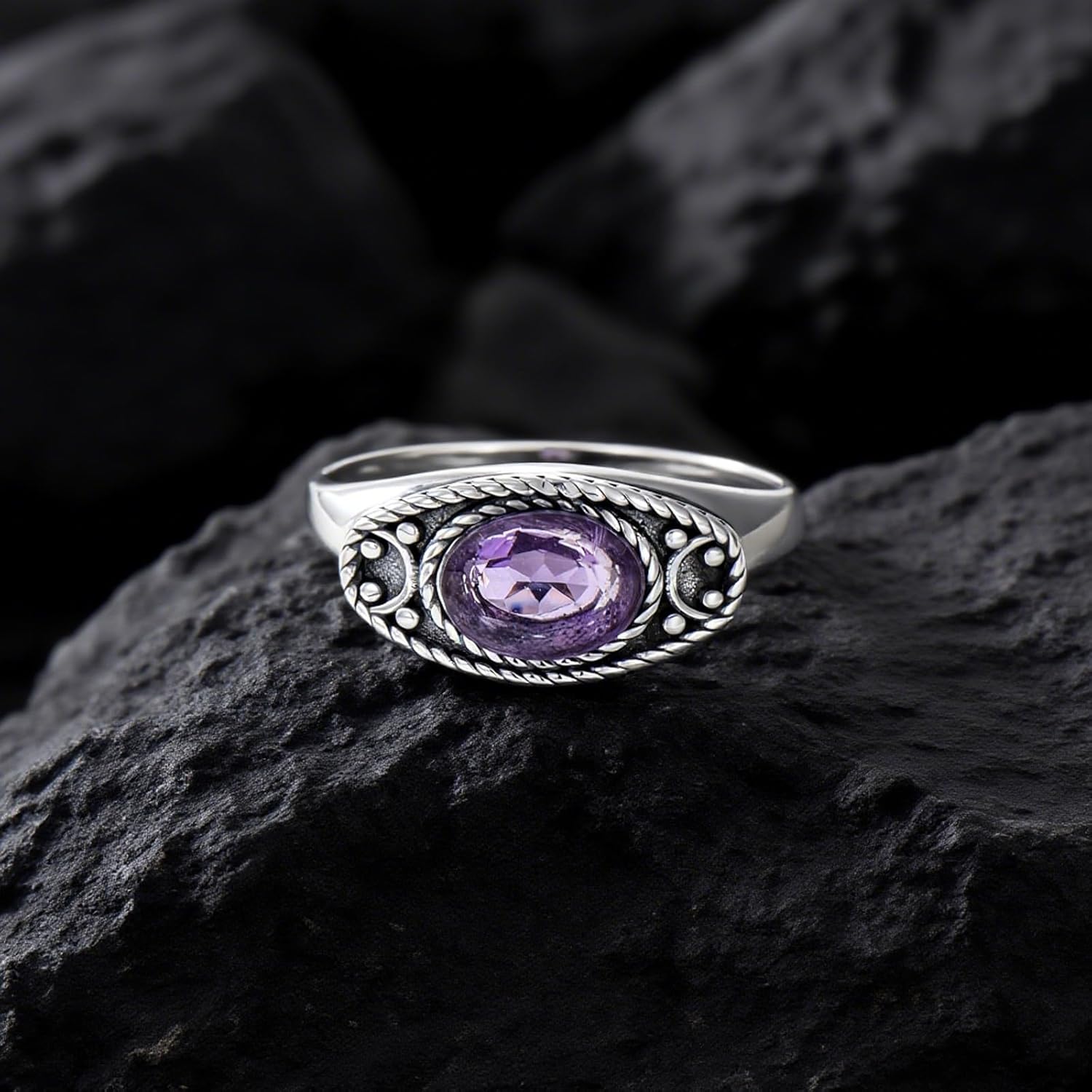 Natural Amethyst Vintage Rings for Women S925 Sterling Silver Retro Style Oval Gemstone Birthstone Statement Ring Jewelry for Mom Girlfriend Her in Size - Image 4