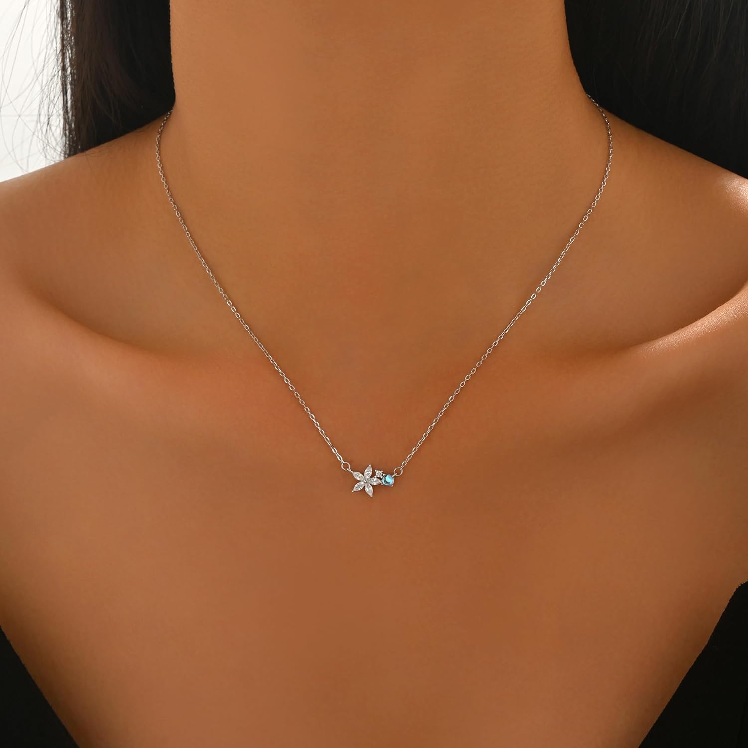 SUYACS 925 Sterling Silver Flower Cubic Zirconia Necklaces for Women with Tiny Moonstone Cute Simulated Diamond Floral Pendant Necklace Sparkly Crystal Charm Chain Jewelry Gifts to Daughter - Image 3