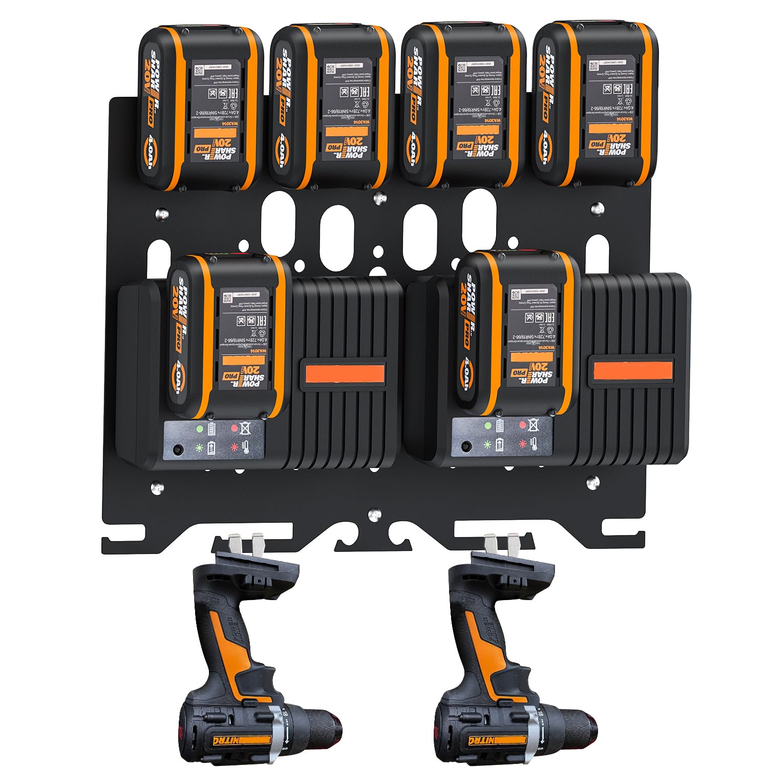 DITKOK 3 in 1 Wall Mount Battery Holder for WORX, Metal Holder for 4 x 20V Batteries, Storage Shelf for 2 WA3867 Chargers, 2 WA3880, 1 WA3883 Dual, Holder with Hook for Others