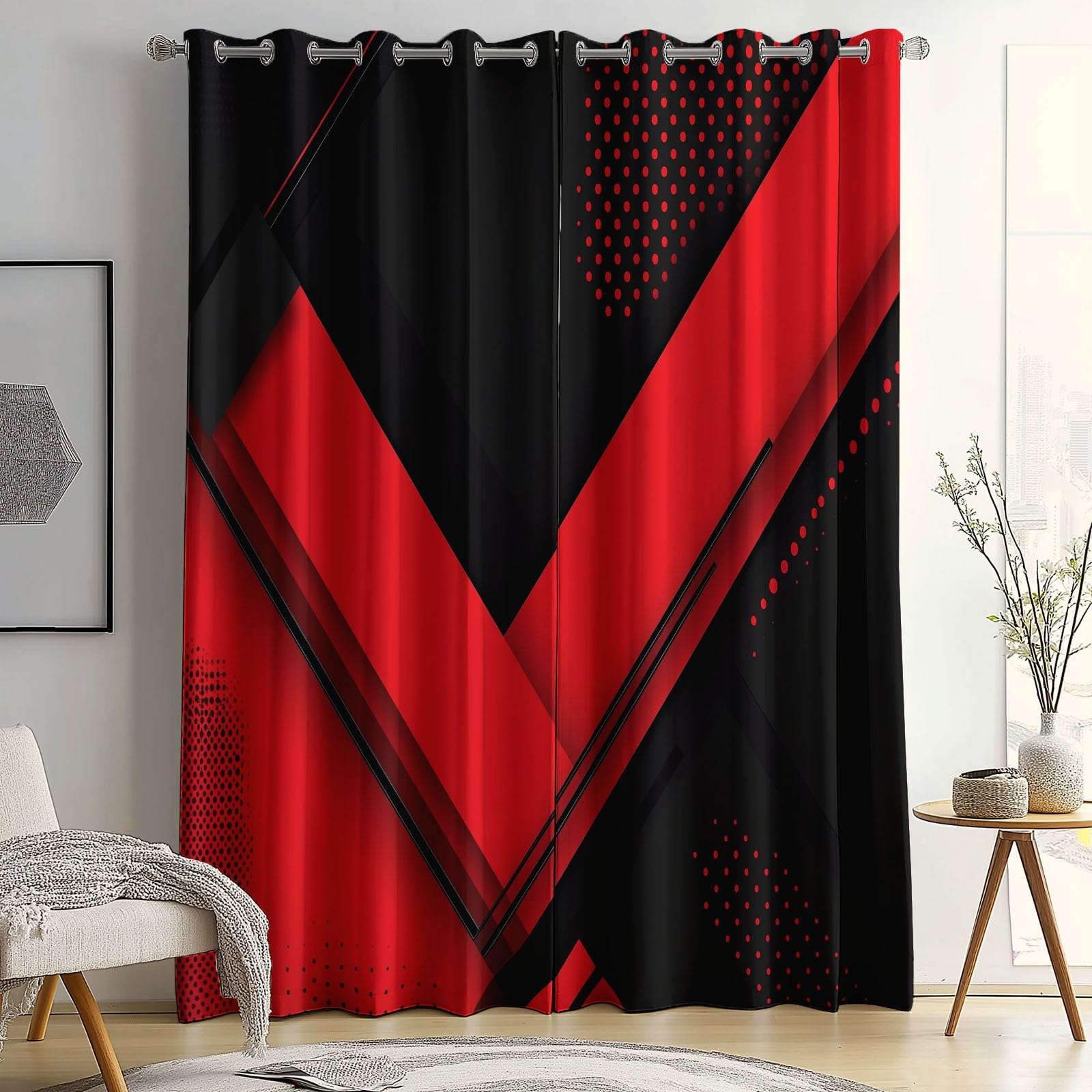 Rideaux Isolants 110L X 215H cm (2 Panneaux), Motifs Géométrie Abstraite Moderne, Tenture Opaque Gris Clair pour Grande Chambre Rouge Noir