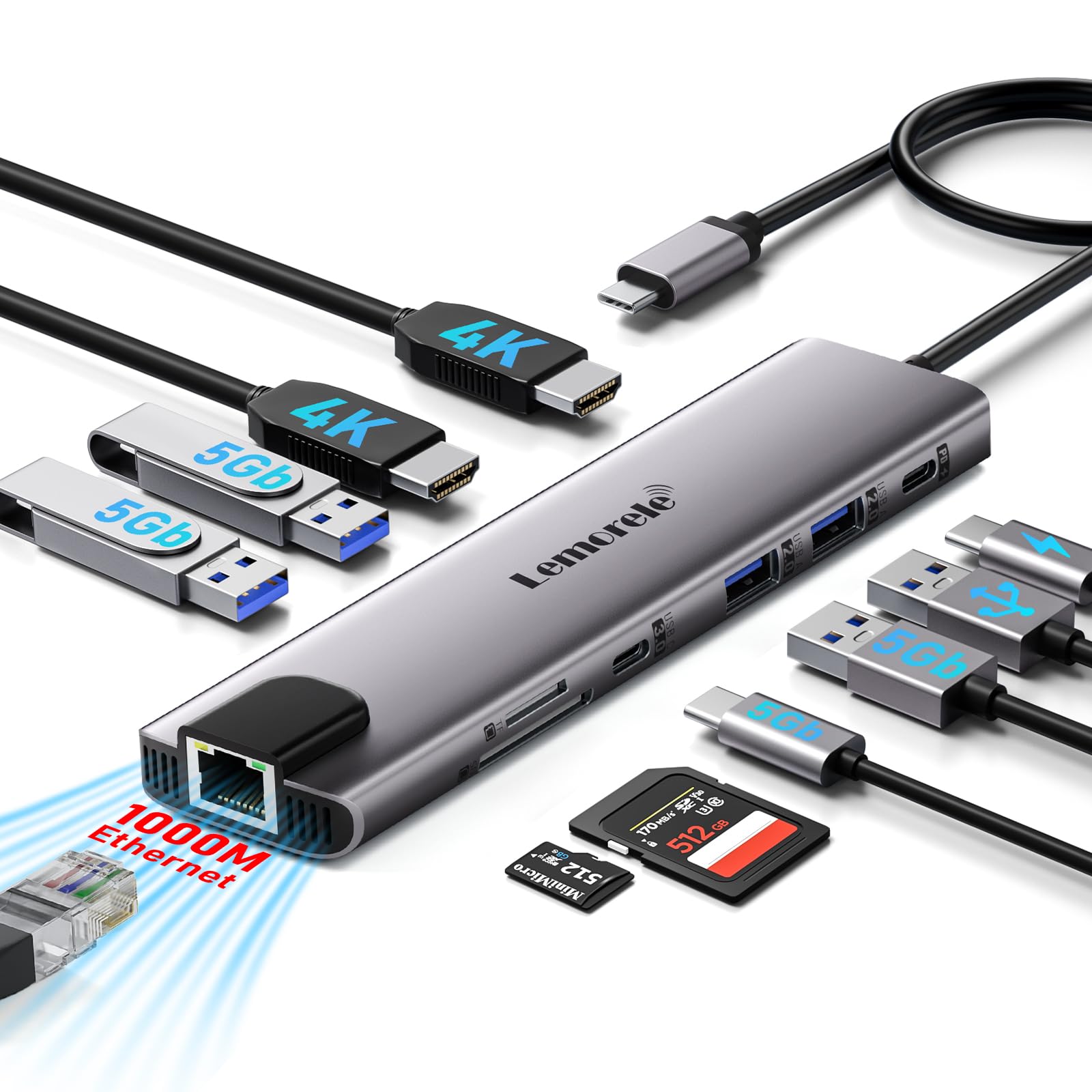 Lemorele 11-in-1 USB C Docking Station Dual 4K HDMI, Gigabit Ethernet, 4  USB Ports, PD 100W Charging, USB-C 3.0 Data, SD/TF Card Reader for MacBook  ...