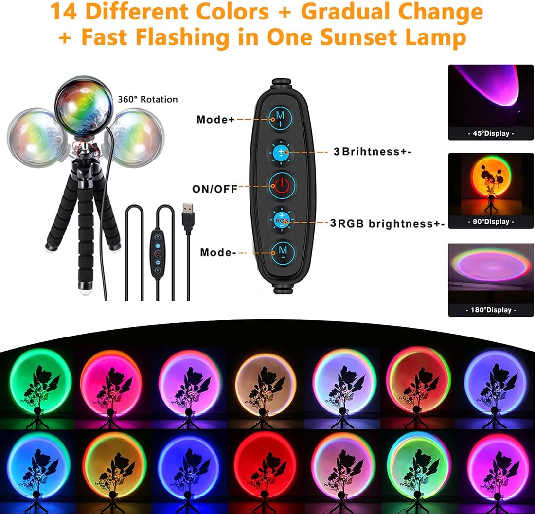 X-Kim 16 Colors Sunset Lamp Projector 360 Degree Rotation Color Changing Rainbow Projection Light Romantic Visual LED Light with Tripod Sunset Floor Lamp Light for Photography Home Party Bedroom - - 