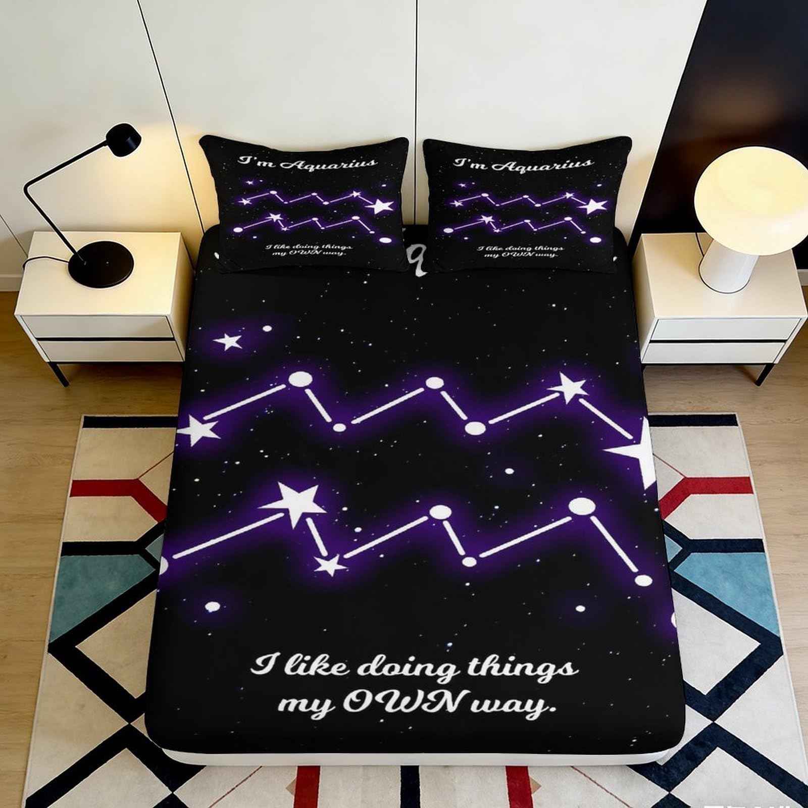 3D Printed Aquarius Constellation Fitted Sheet Microfiber Soft Breathable Starry Sky Bed Cover for Bedroom Dormitory Guest Room Mattress Protection 160x200x25cm