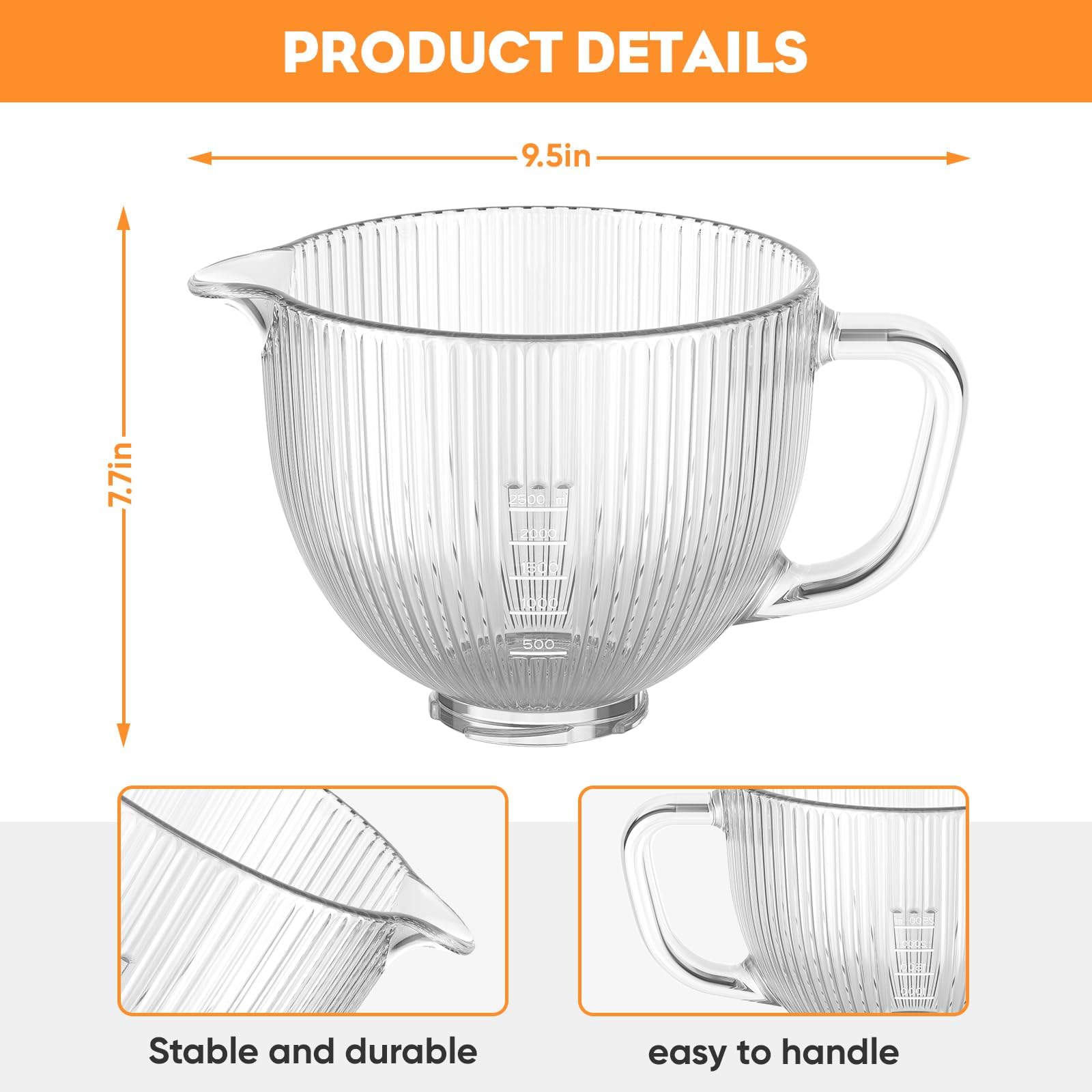 Cofun Glass Mixer Bowl for Kitchenaid Tilt-Head Stand Mixers 4.5-5 Quart, 5 qt Mixing Bowl Replacement for Kitchen aid with Measurement Markings,Handle
