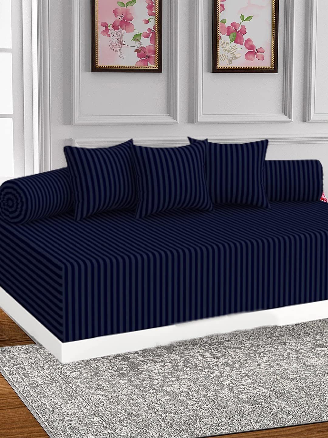IVAZA Striped Color 100% Microfiber diwan Cover Set of 6 Pieces, 1 Single bedsheet, 3 Cushions Covers and 2 Bolster Covers Indigo-image-27