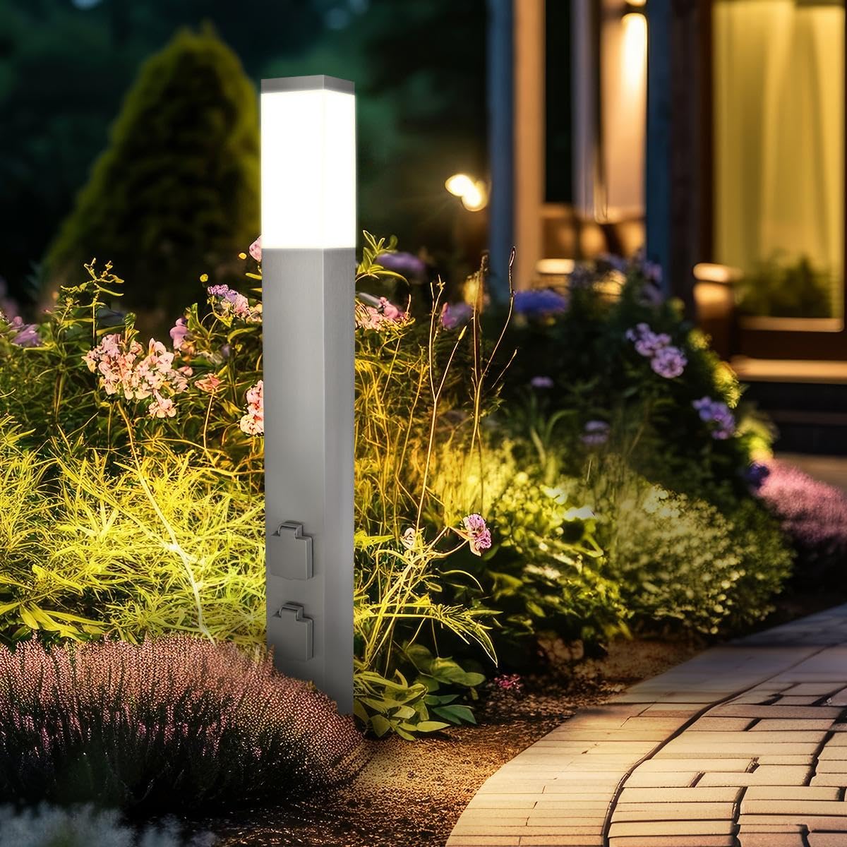 LongLife LED Pollerleuchte mit 2x Steckdosen E27 Fassung IP44 - Hohe: 80cm - Farbe: Edelstahl