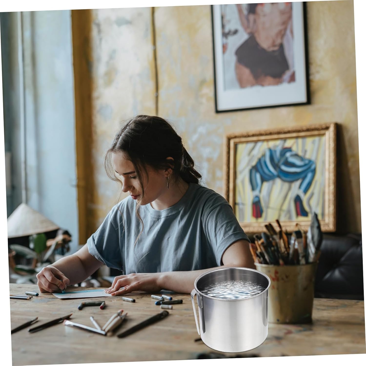 Homoyoyo Stainless Steel Brush Washing Container for Oil Painting Lightweight Pen Cleaning for Watercolor and Gouache Portable and Easy to Store