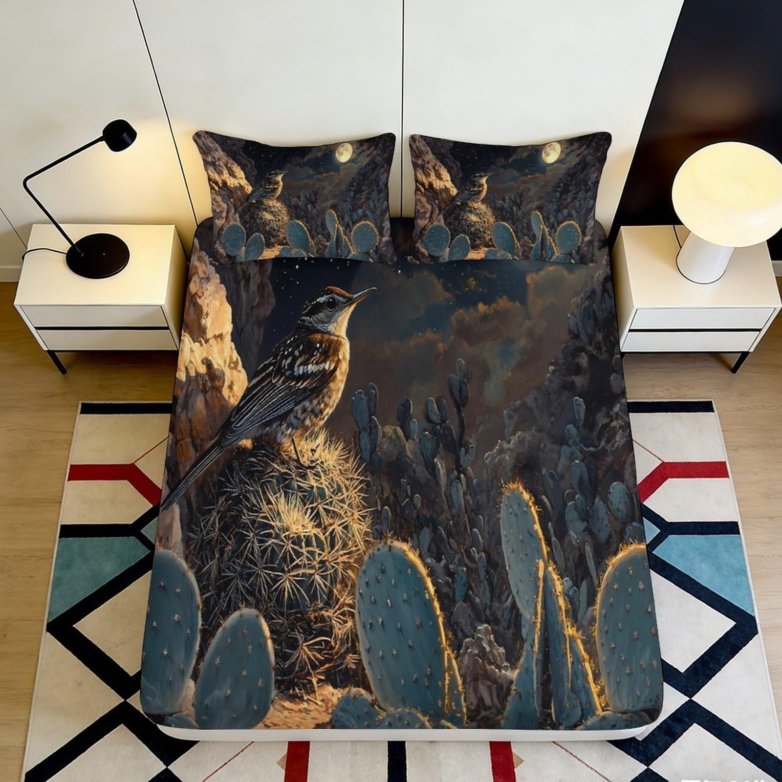 Pnayamiorkfel Style-4 3D Printed Night Bird Cactus Fitted Sheet Microfiber Soft Decor Mattress Cover For Bedroom Guest Room 90X200x25cm