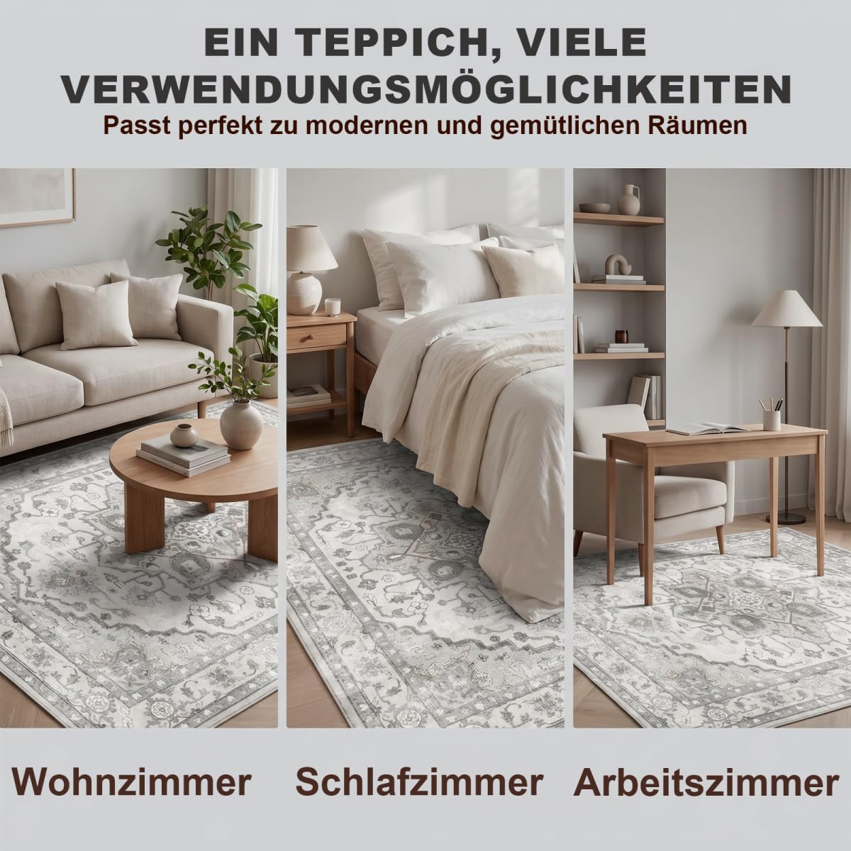 Waschbarer Teppich Wohnzimmer,Silbergrau,140x200cm