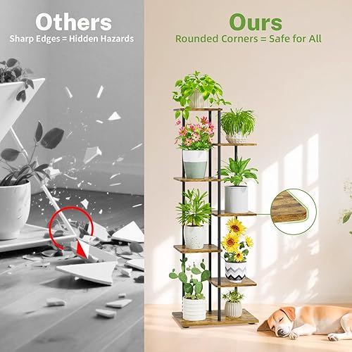 Miniatura 4 de iDavosic.ly Soporte alto para plantas de 6 niveles para interiores, estante esquinero de metal y madera para múltiples flores, estante de exhibición