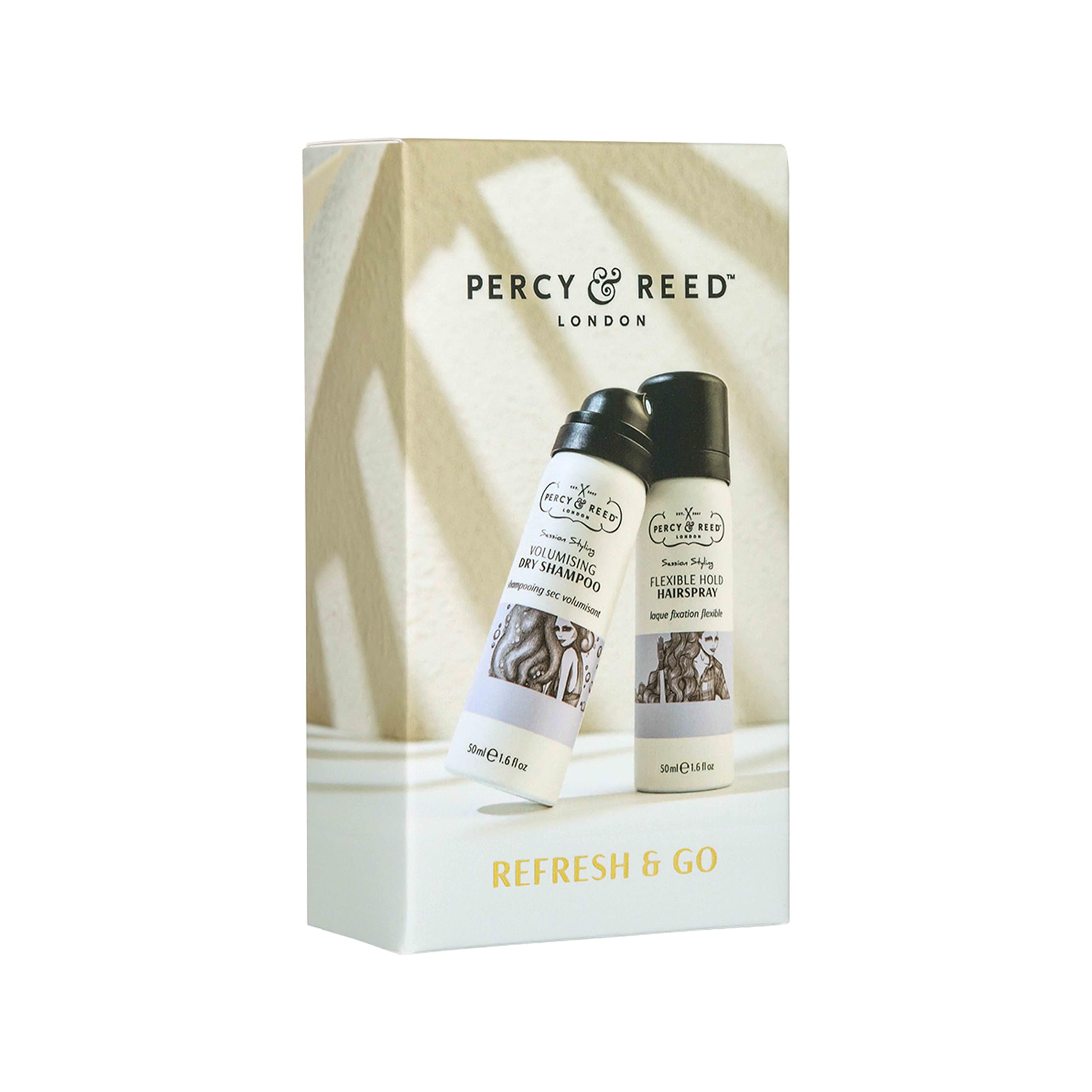 Percy & Reed Refresh & Go Kit 2 x 50ml, Volumising Dry Shampoo and Flexible Hold Hairspray, Mini Dry Shampoo, Hair Spray with Heat Protection, Travel Sized Duo, Brushable Finish