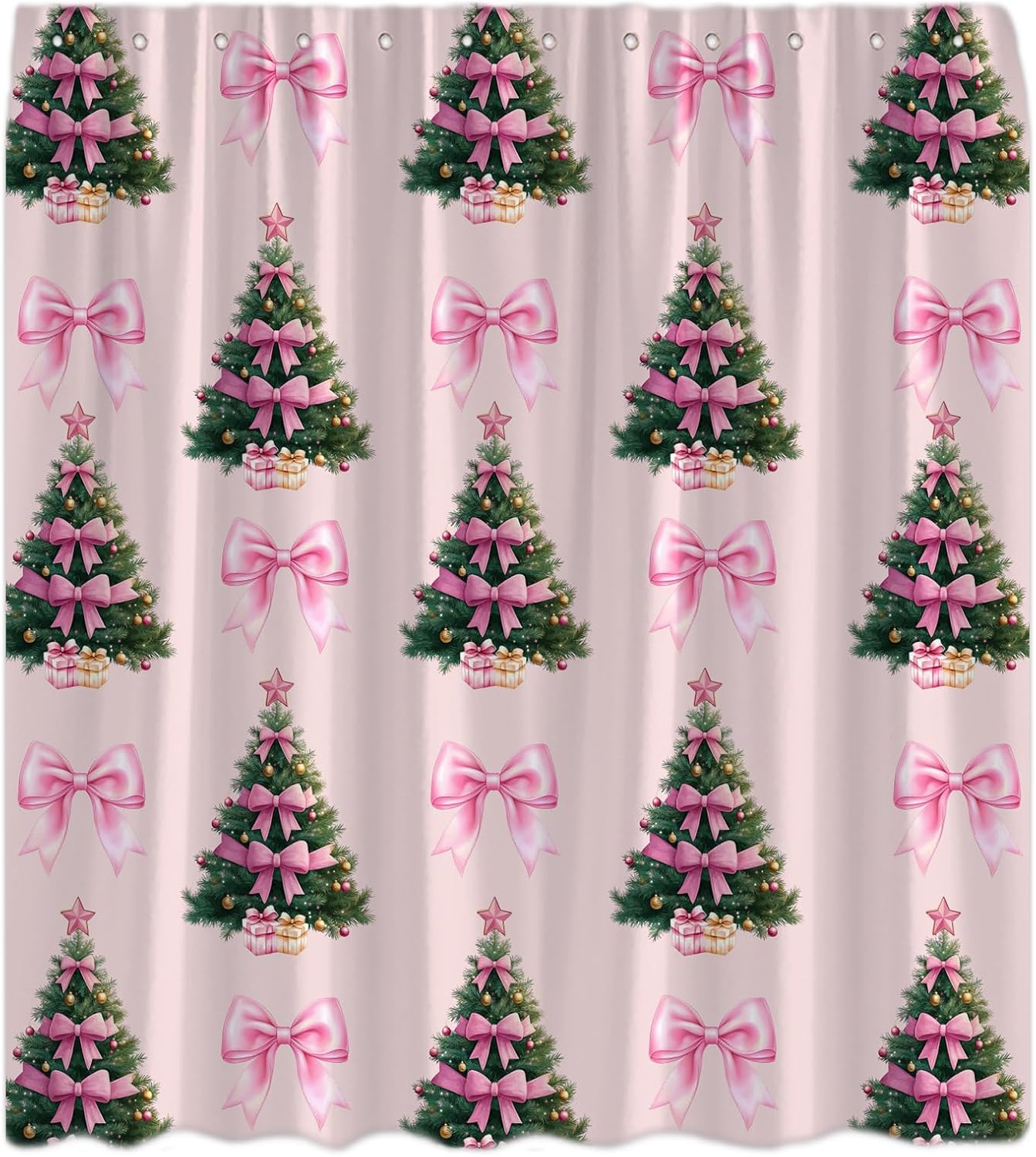 Christmas Tree Shower Curtain Cute Pink Bow Green Pine Tree Merry Christmas Winter Xmas Holiday Happy New Year Fabric Bathroom Curtain with Hook