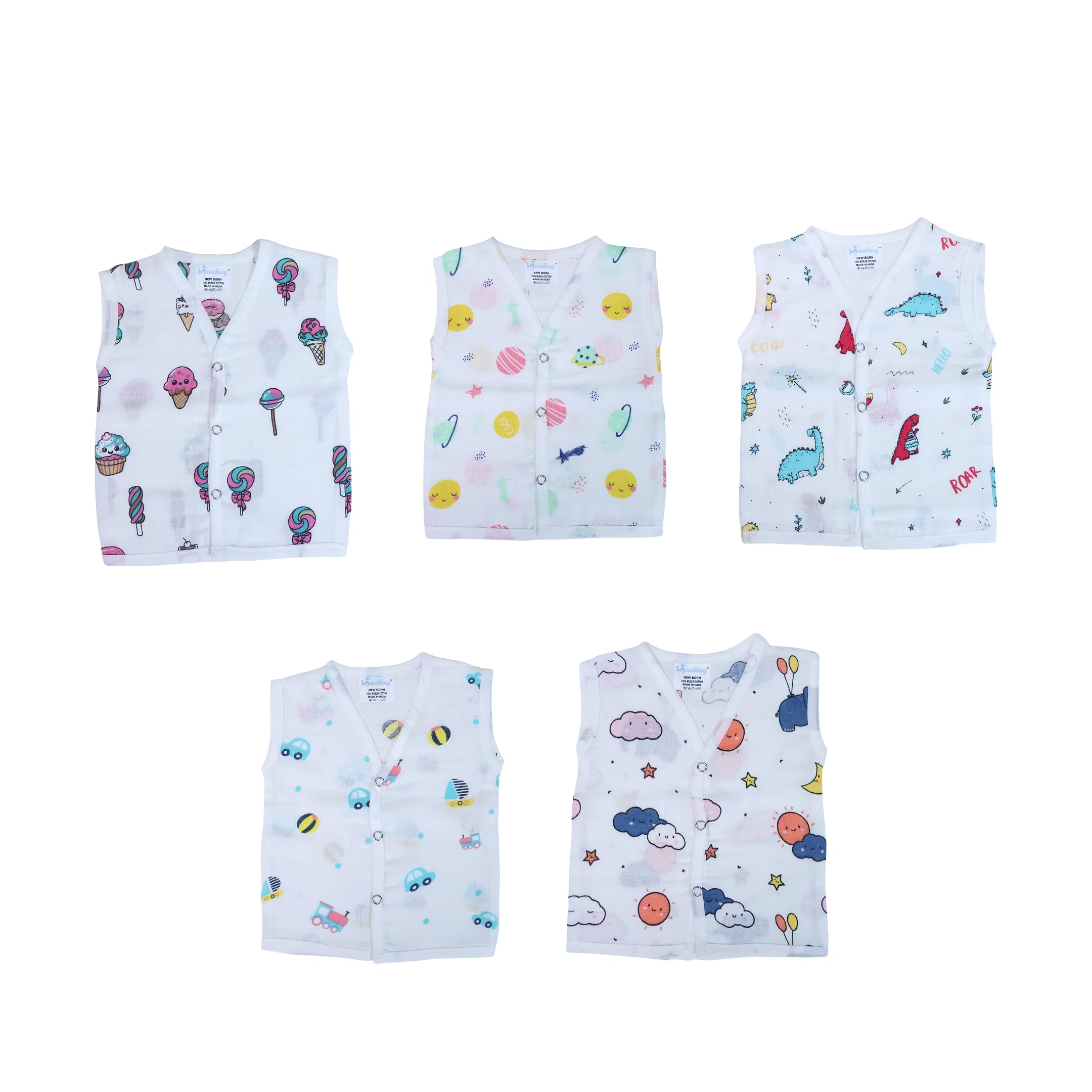 Muslin Button Jabla for Newborn Pack of 5 – Soft Cotton Sleeveless Baby Vest, Front Open Breathable, Printed Baby Clothes Combo with AZO-Free Dyes White-image-42