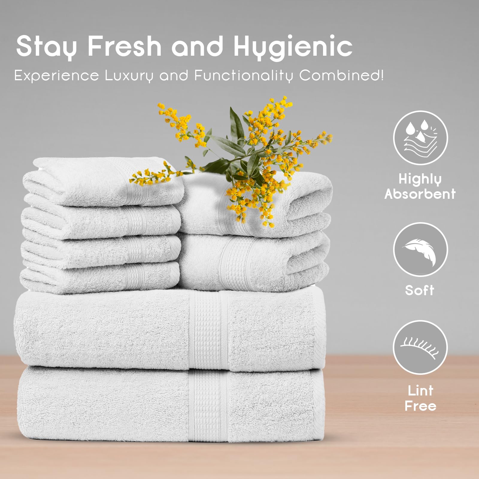 Toallas de baño de algodón de bambú de alta calidad, naturales, súper suaves y ultra absorbentes (blanco, juego de toallas de baño - 8 piezas)