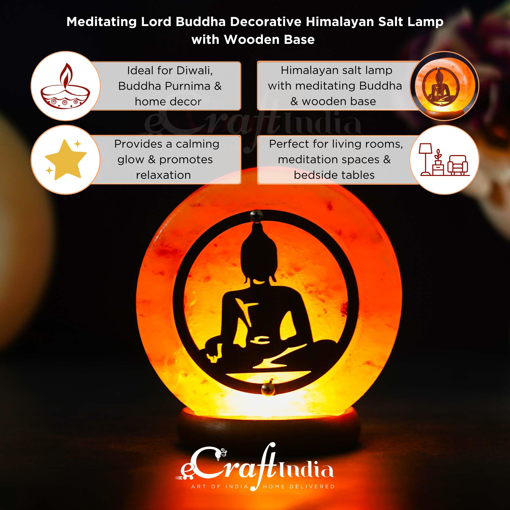 eCraftIndia Meditating Lord Buddha Decorative Himalayan Salt Lamp with Wooden Base - Lamp for Home Decoration - Gift for Diwali Buddha Purnima Christmas Birthday Housewarming New Year 4
